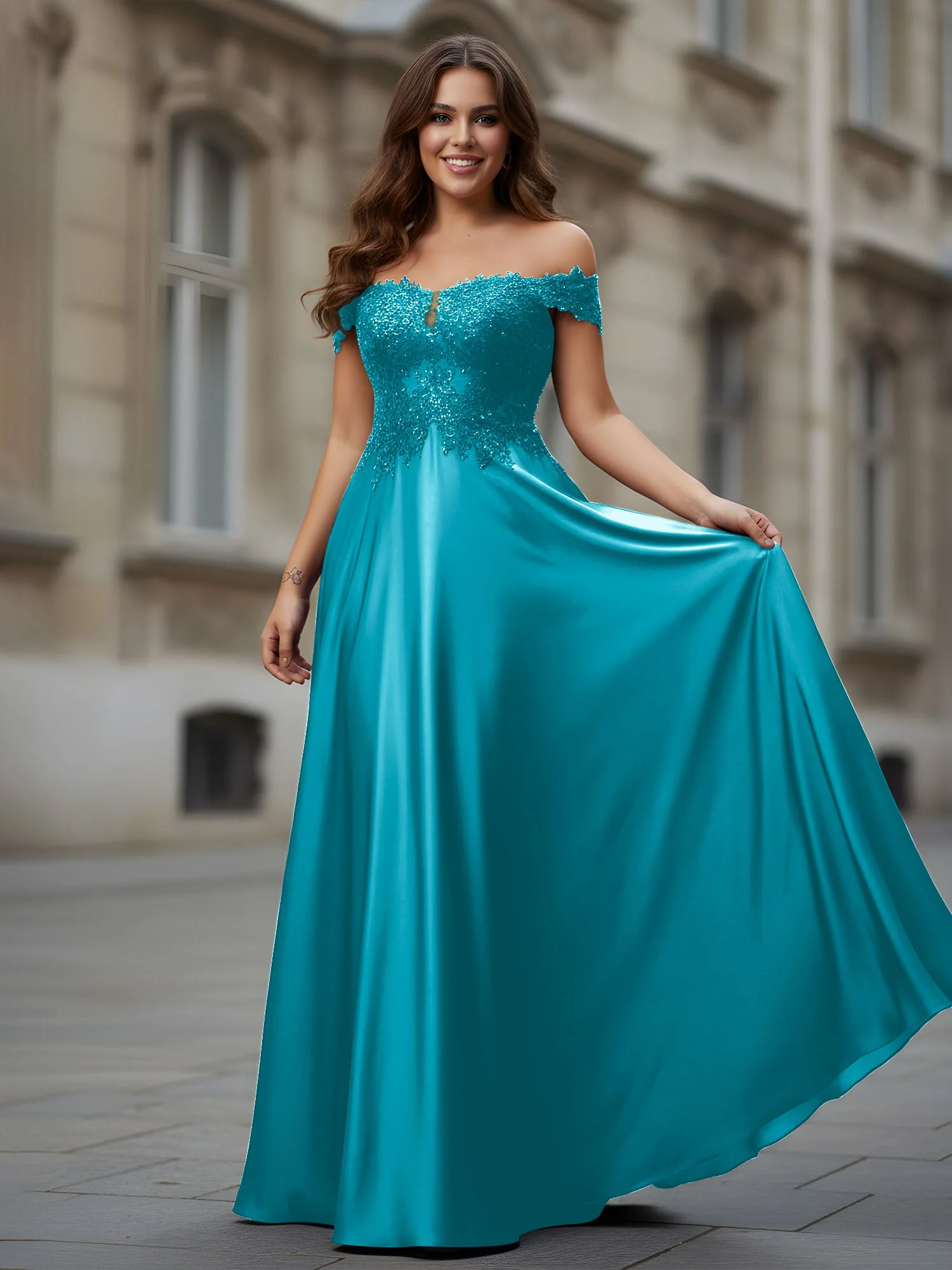 Schulterfrei Applique Oberteil A-Linie Lang Kleid Jade
