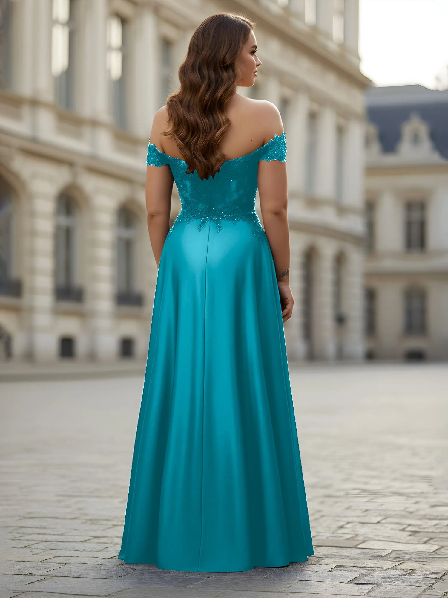 Schulterfrei Applique Oberteil A-Linie Lang Kleid Jade - Image 2