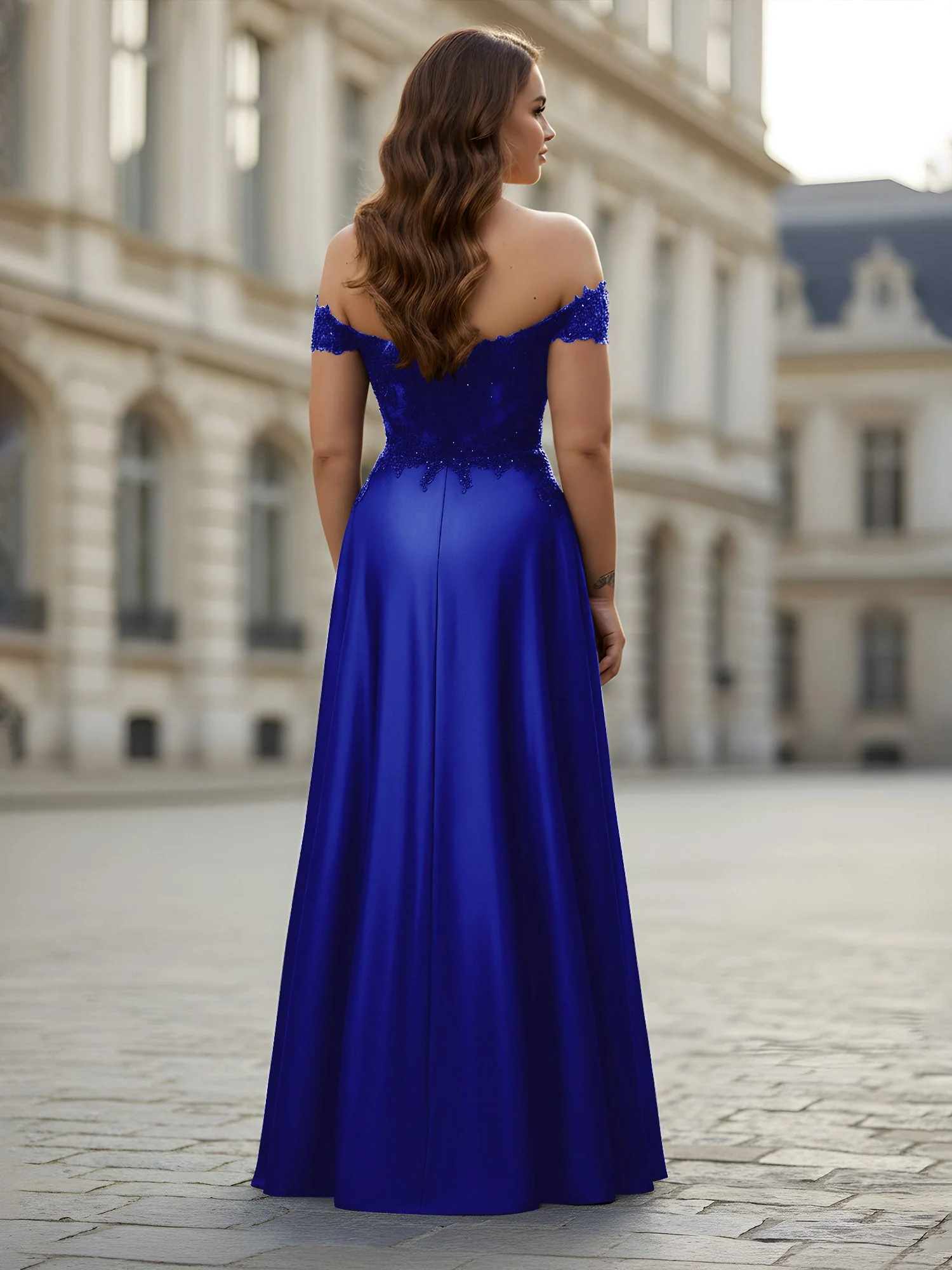 Schulterfrei Applique Oberteil A-Linie Lang Kleid Königsblau - Image 2