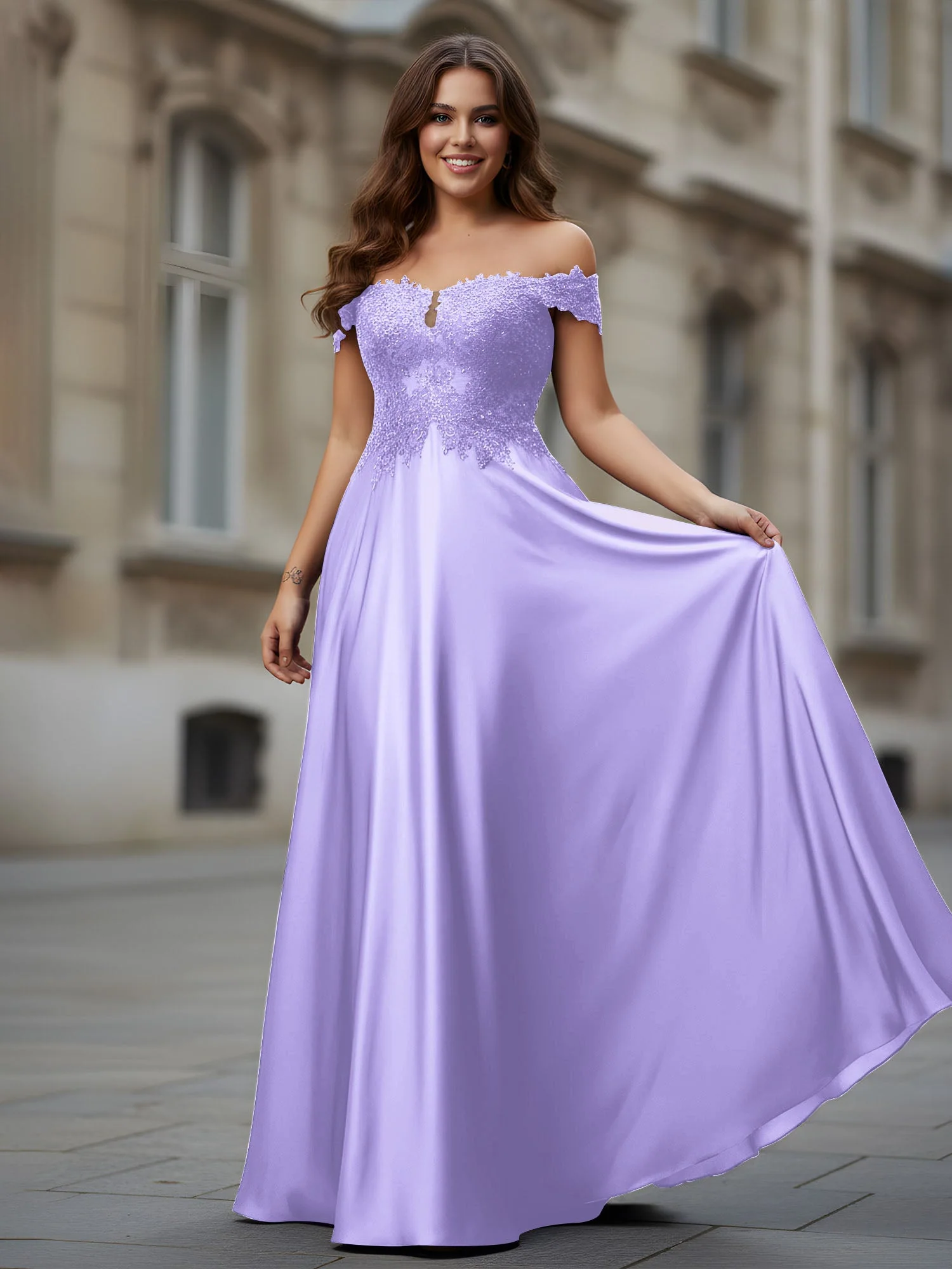 Schulterfrei Applique Oberteil A-Linie Lang Kleid Lila
