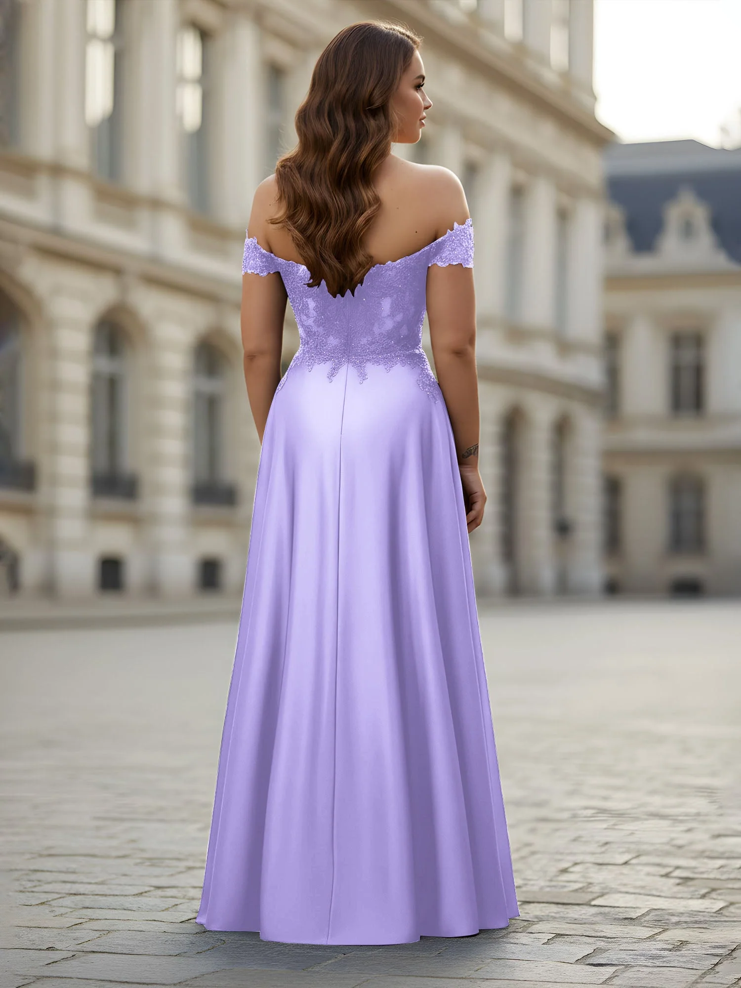 Schulterfrei Applique Oberteil A-Linie Lang Kleid Lila - Image 2