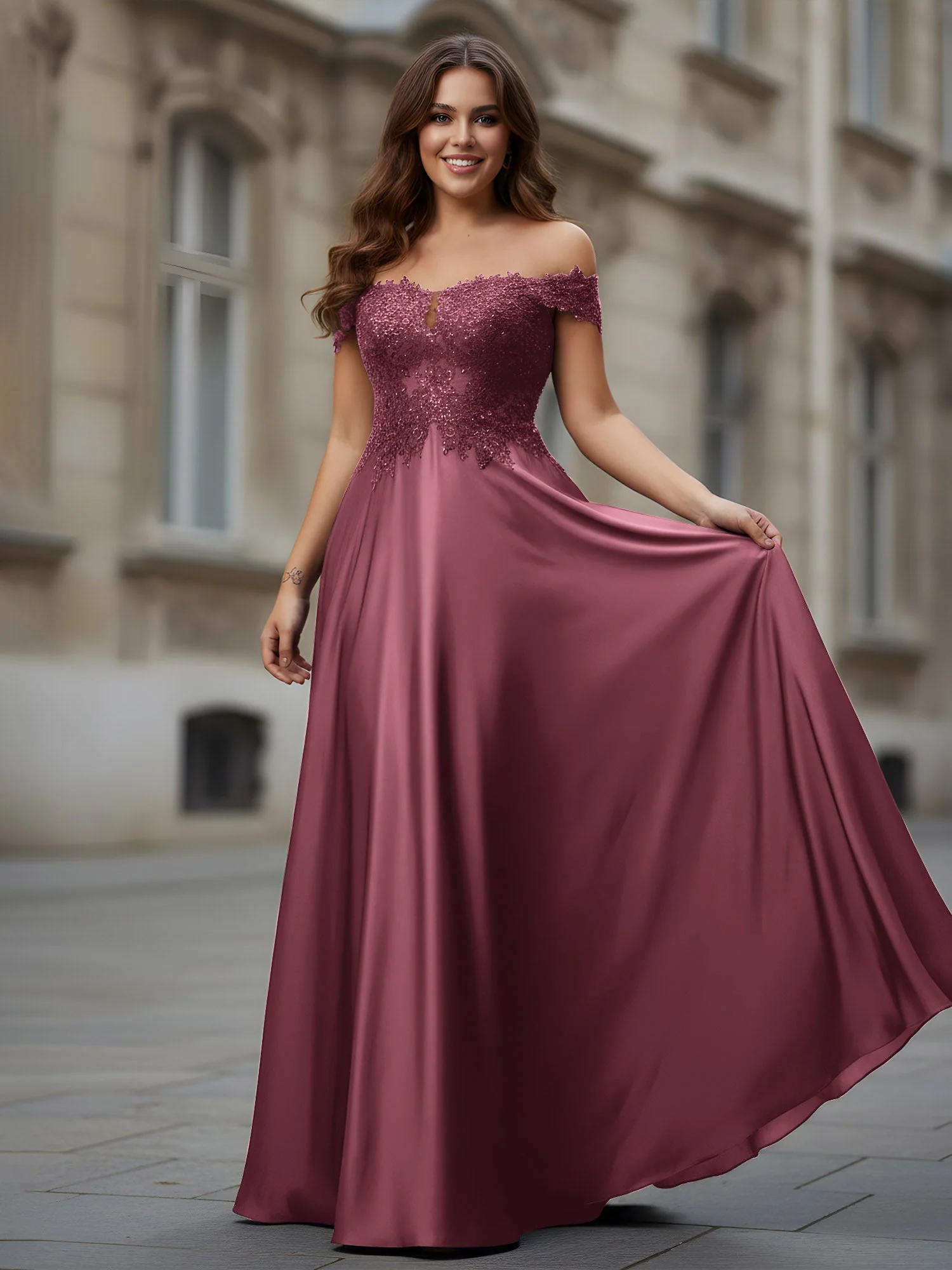 Schulterfrei Applique Oberteil A-Linie Lang Kleid Maulbeere