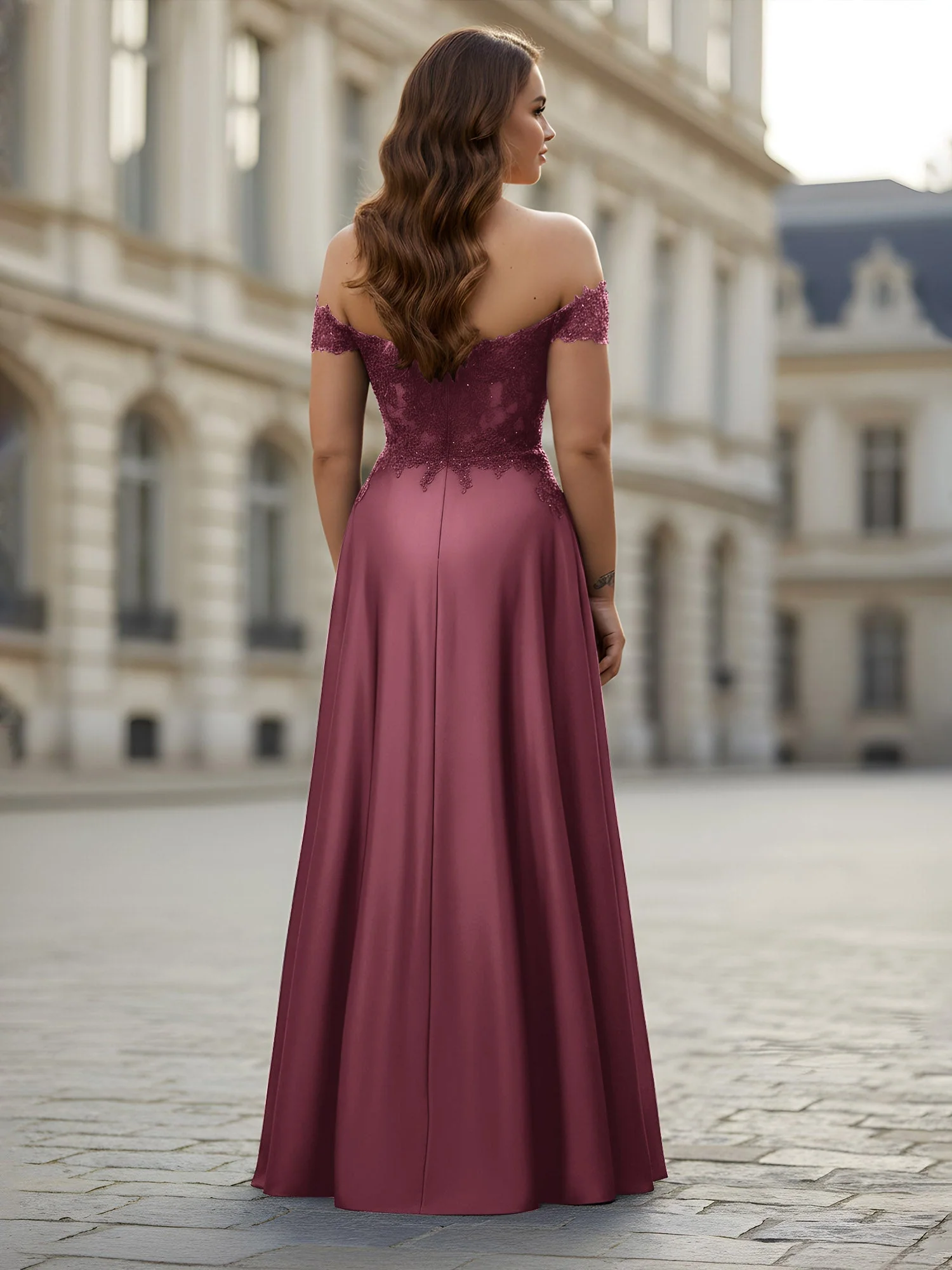Schulterfrei Applique Oberteil A-Linie Lang Kleid Maulbeere - Image 2
