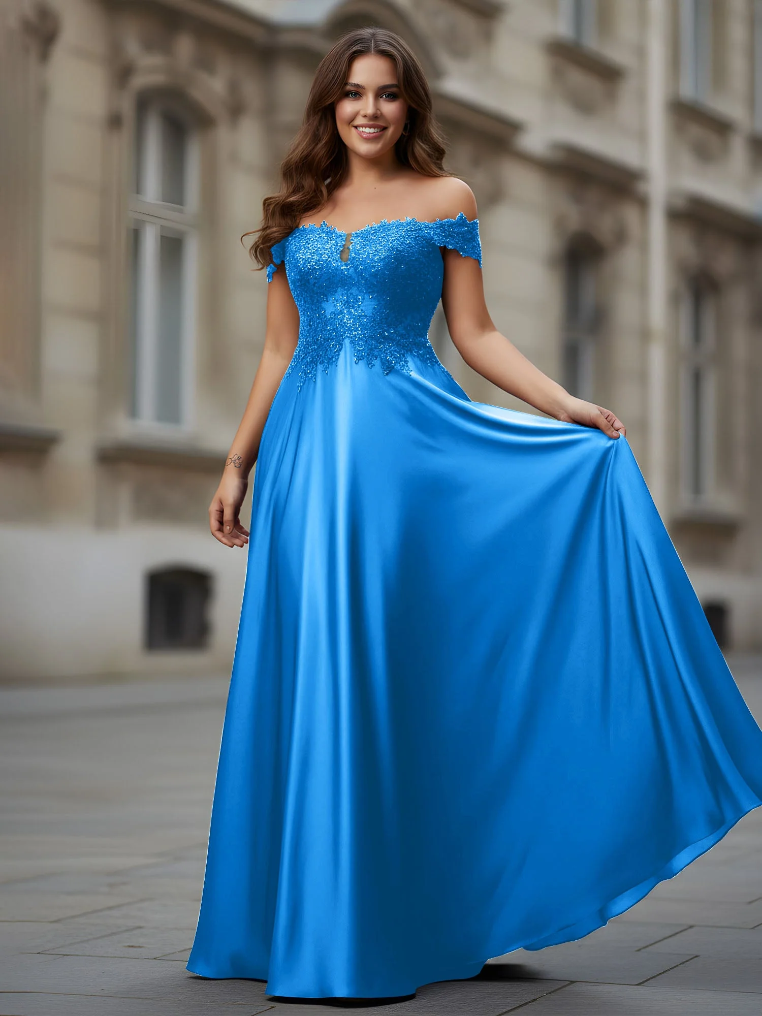 Schulterfrei Applique Oberteil A-Linie Lang Kleid Meerblau