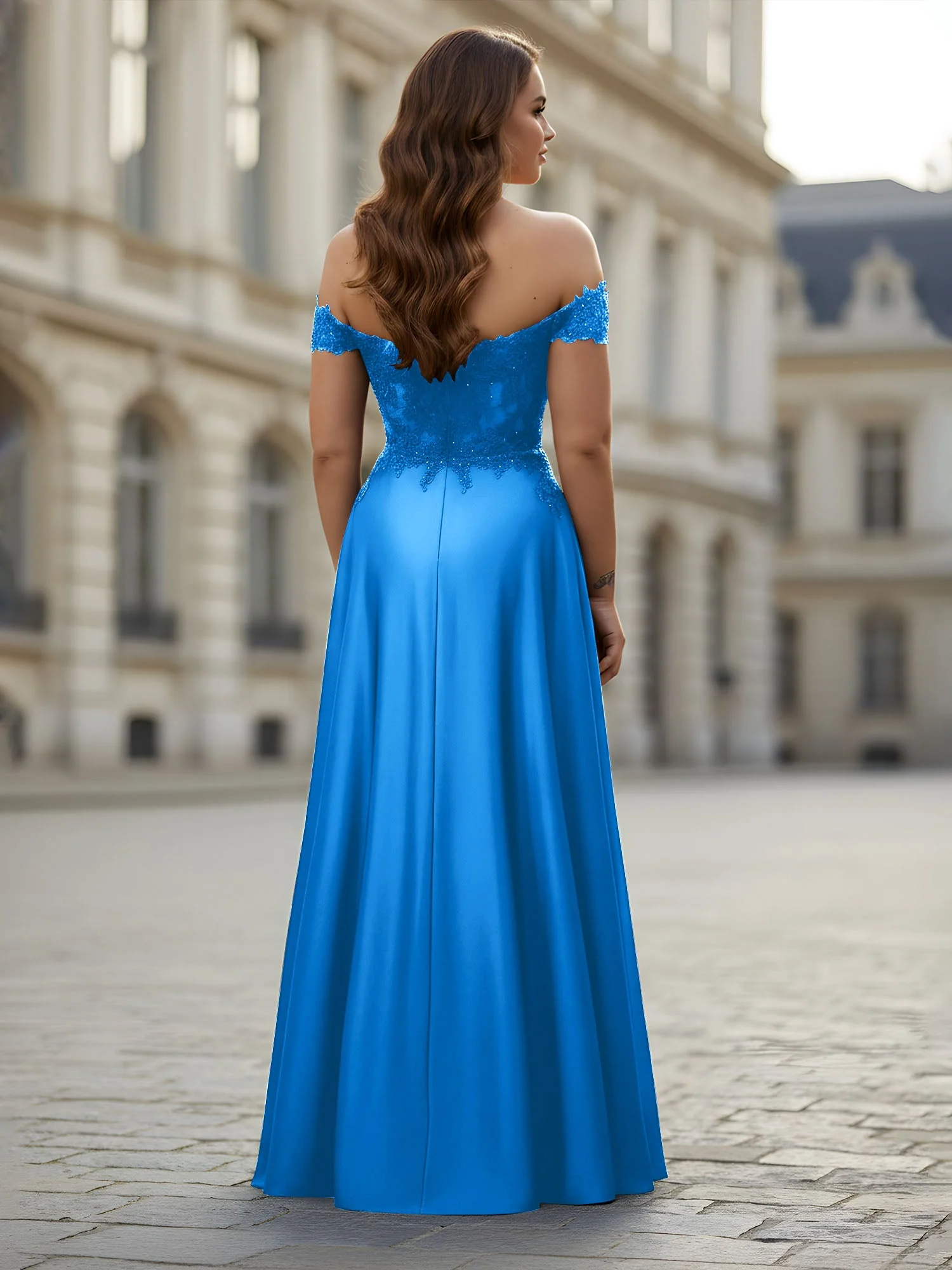 Schulterfrei Applique Oberteil A-Linie Lang Kleid Meerblau - Image 2