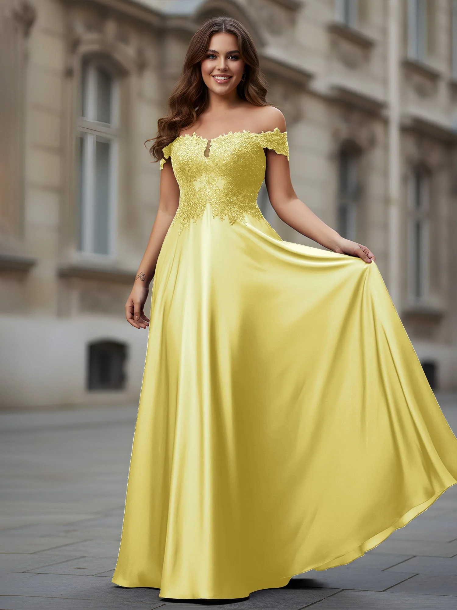 Schulterfrei Applique Oberteil A-Linie Lang Kleid Narzisse