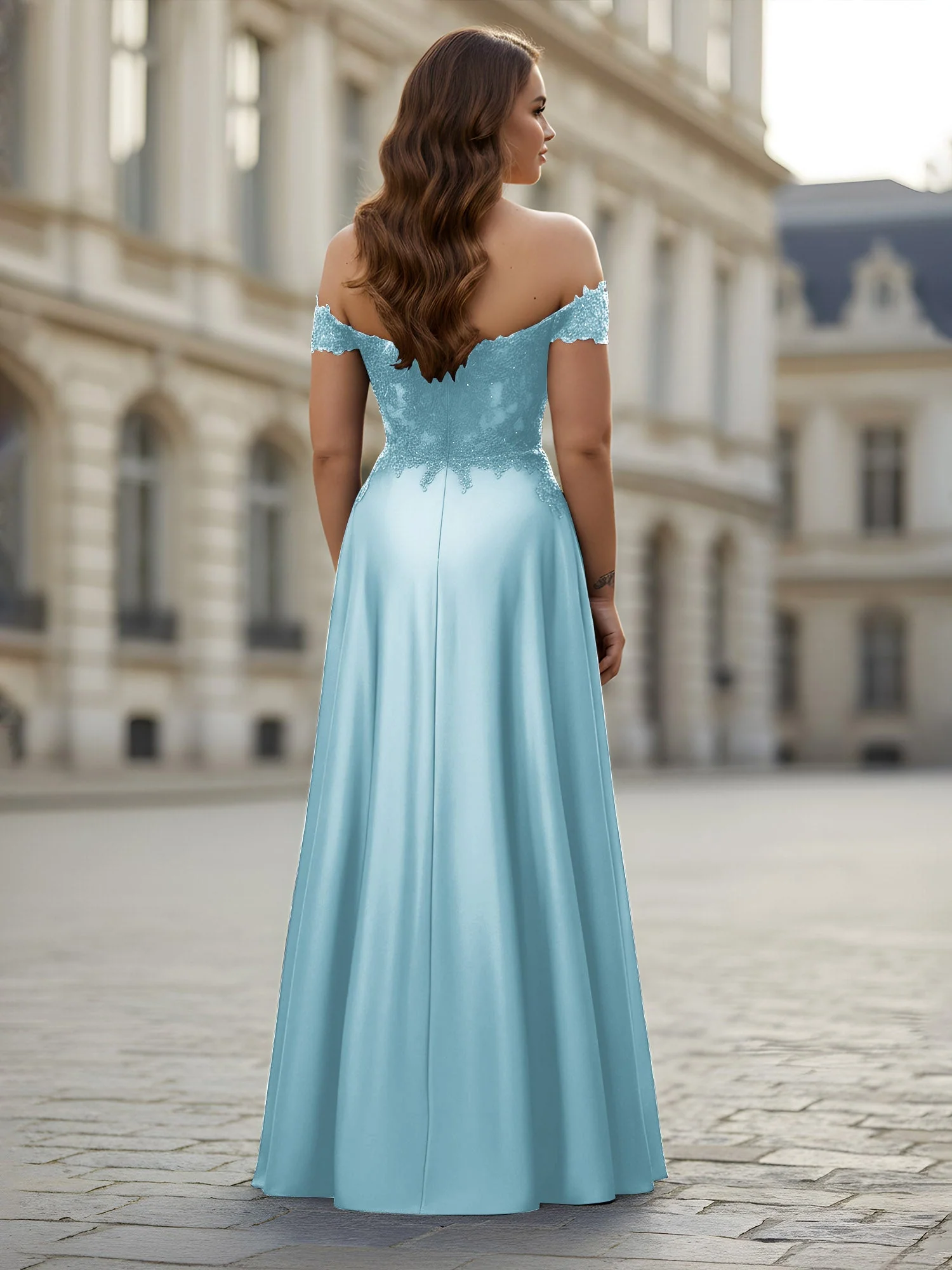Schulterfrei Applique Oberteil A-Linie Lang Kleid Nebel - Image 2