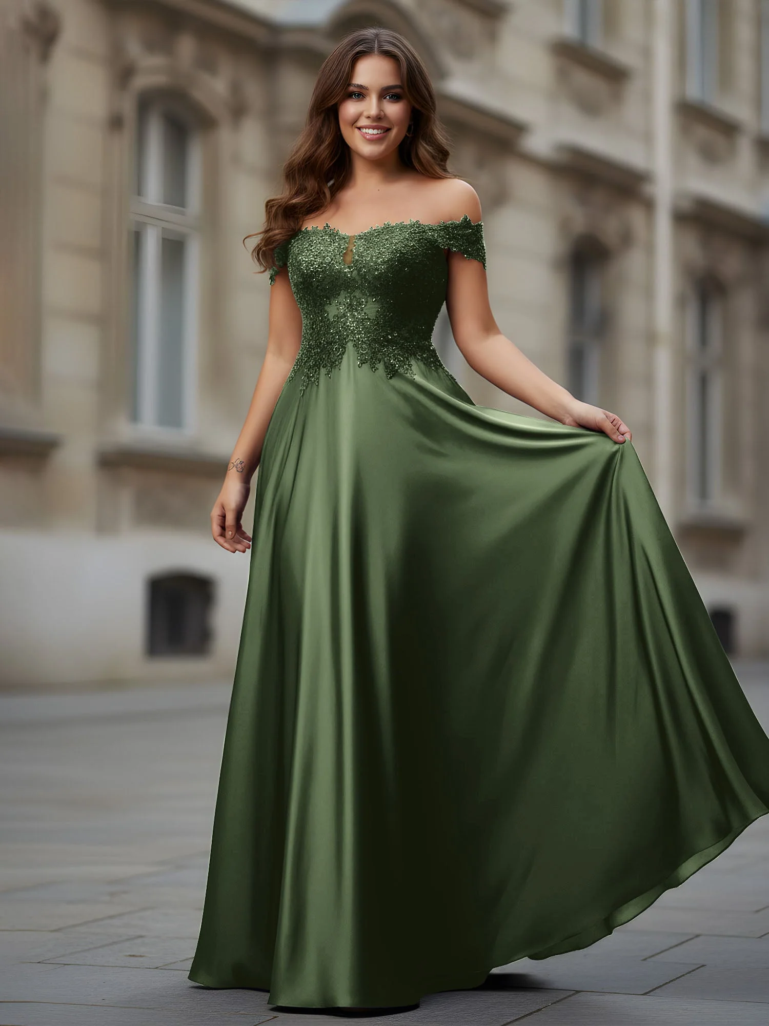 Schulterfrei Applique Oberteil A-Linie Lang Kleid Olivgrün