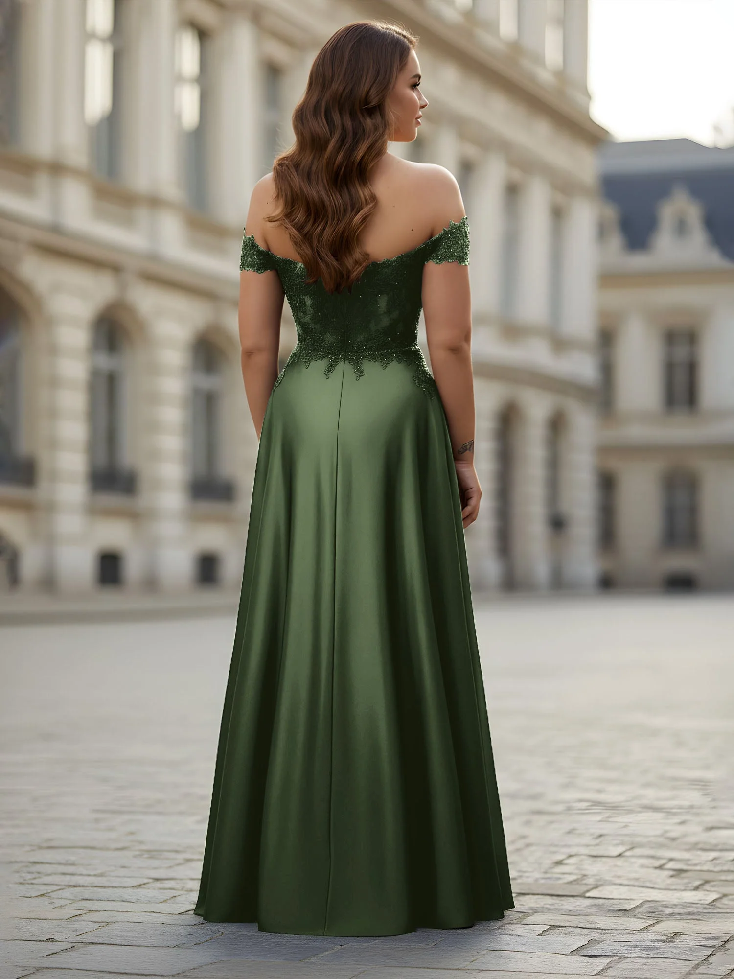 Schulterfrei Applique Oberteil A-Linie Lang Kleid Olivgrün - Image 2