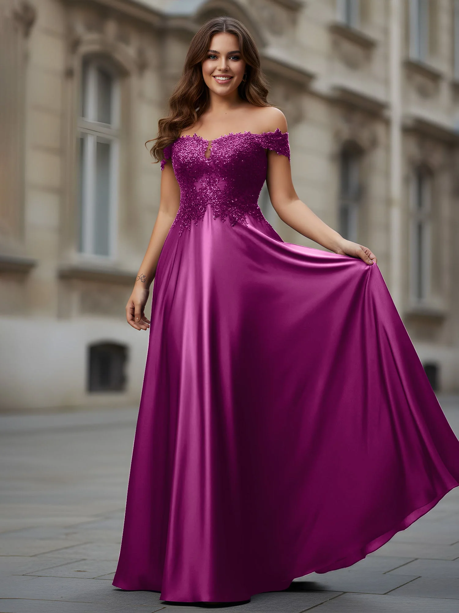 Schulterfrei Applique Oberteil A-Linie Lang Kleid Orchidee