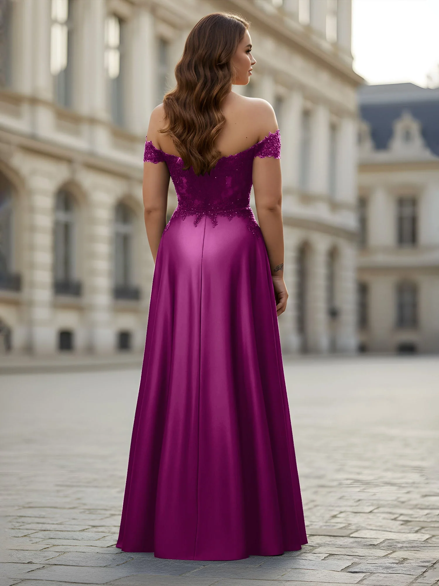 Schulterfrei Applique Oberteil A-Linie Lang Kleid Orchidee - Image 2
