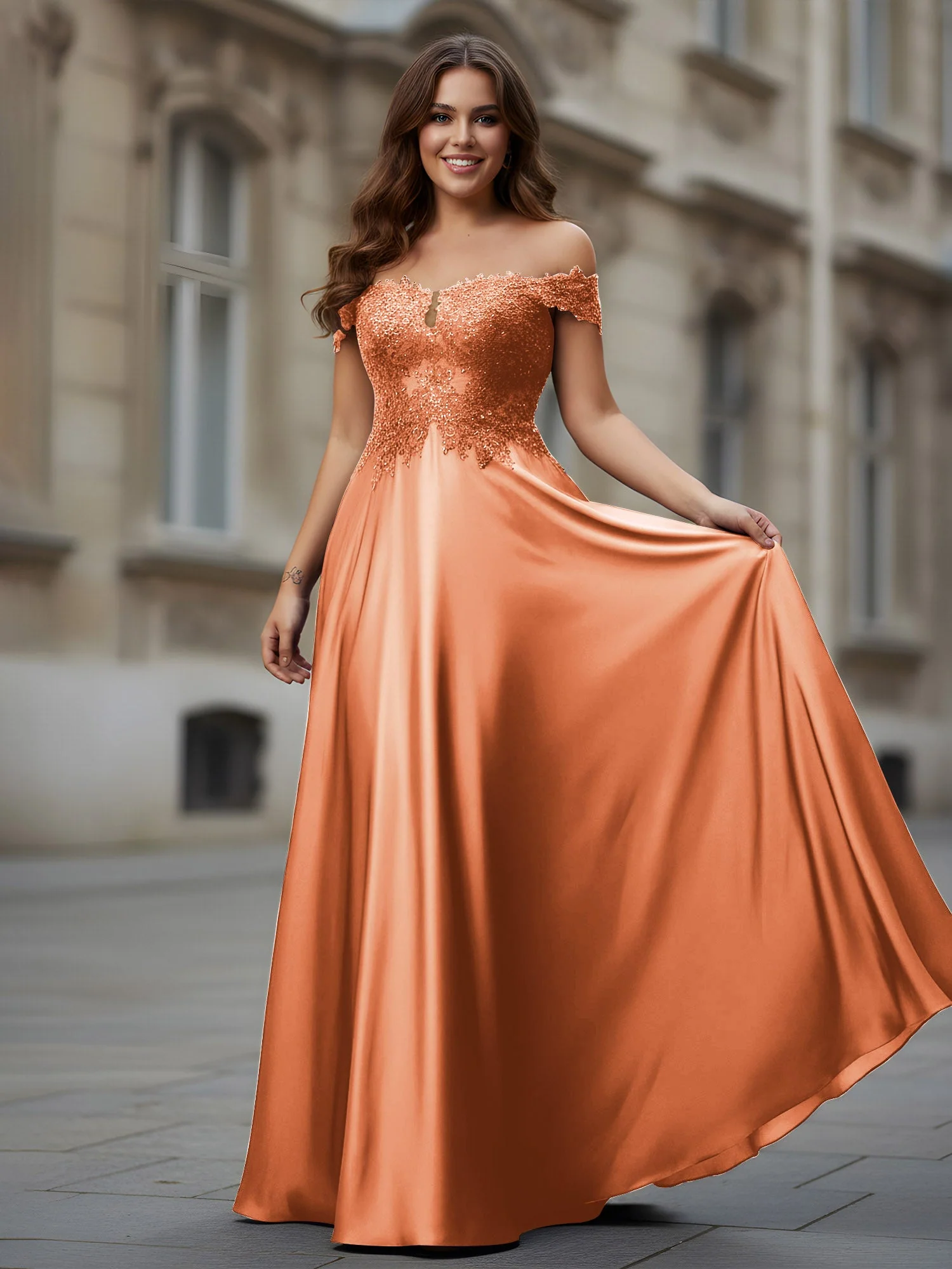 Schulterfrei Applique Oberteil A-Linie Lang Kleid Papaya