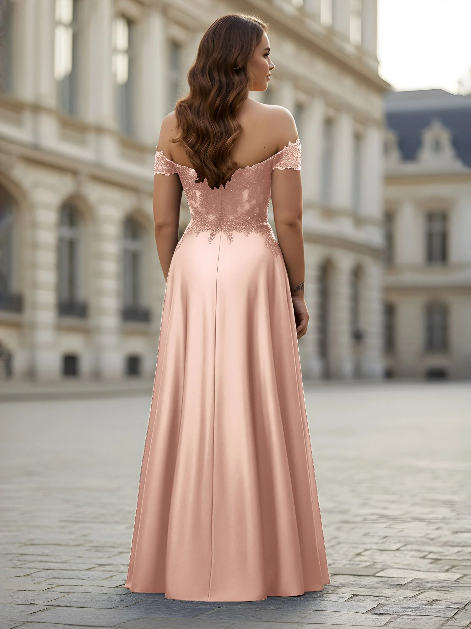 Schulterfrei Applique Oberteil A-Linie Lang Kleid Perlrosa - Image 2