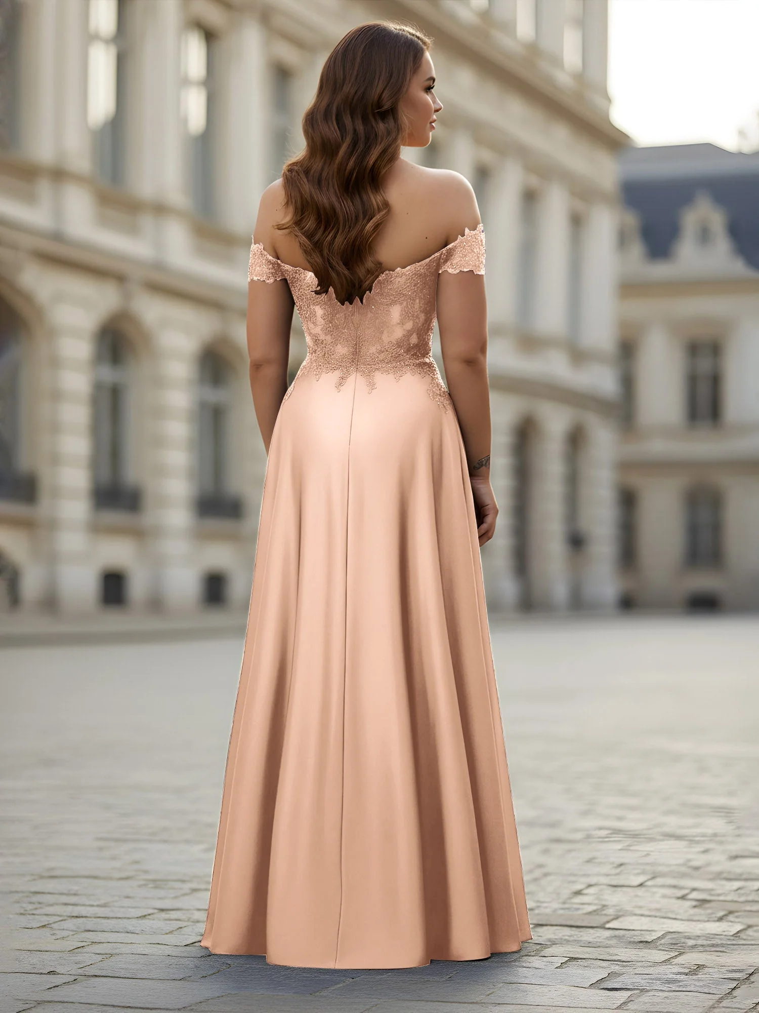 Schulterfrei Applique Oberteil A-Linie Lang Kleid Pfirsich - Image 2
