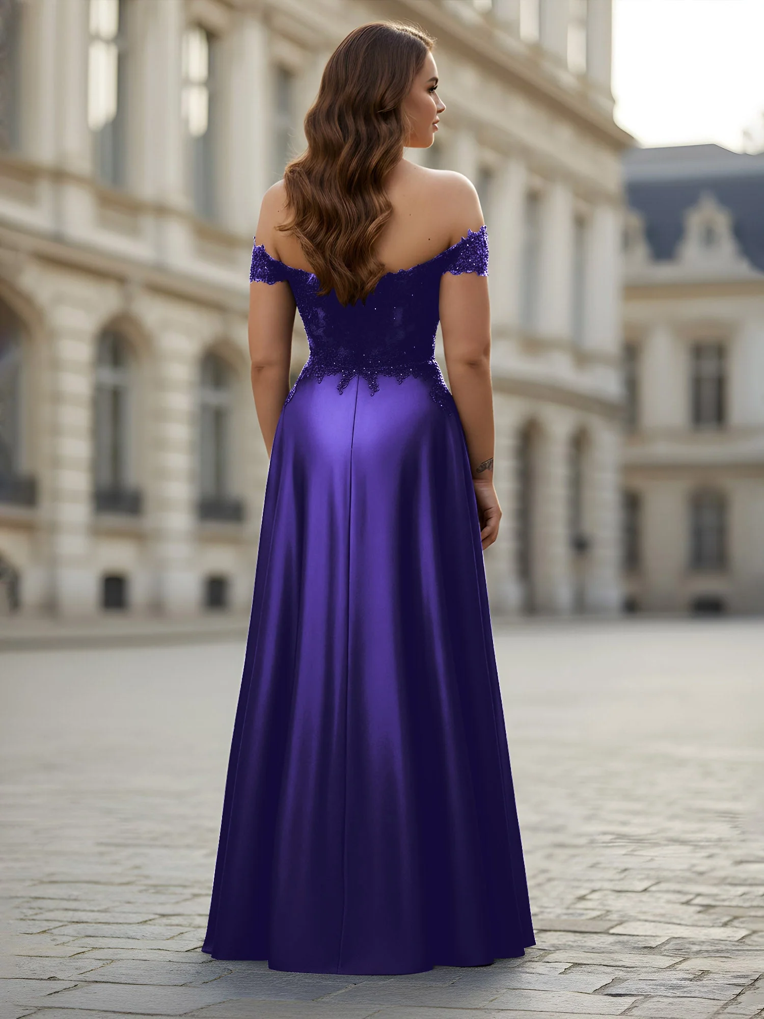Schulterfrei Applique Oberteil A-Linie Lang Kleid Regentschaft - Image 2