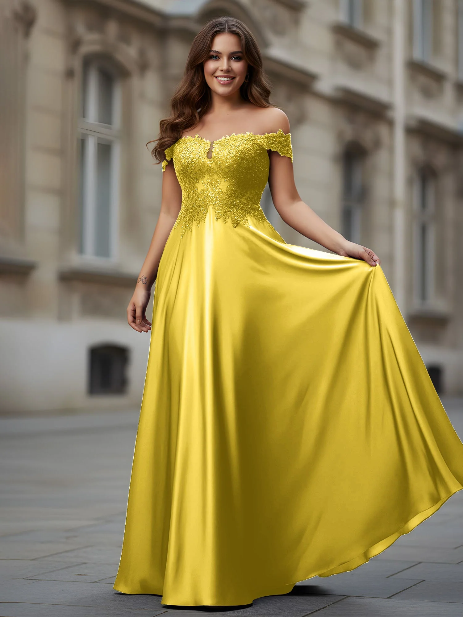 Schulterfrei Applique Oberteil A-Linie Lang Kleid Ringelblume