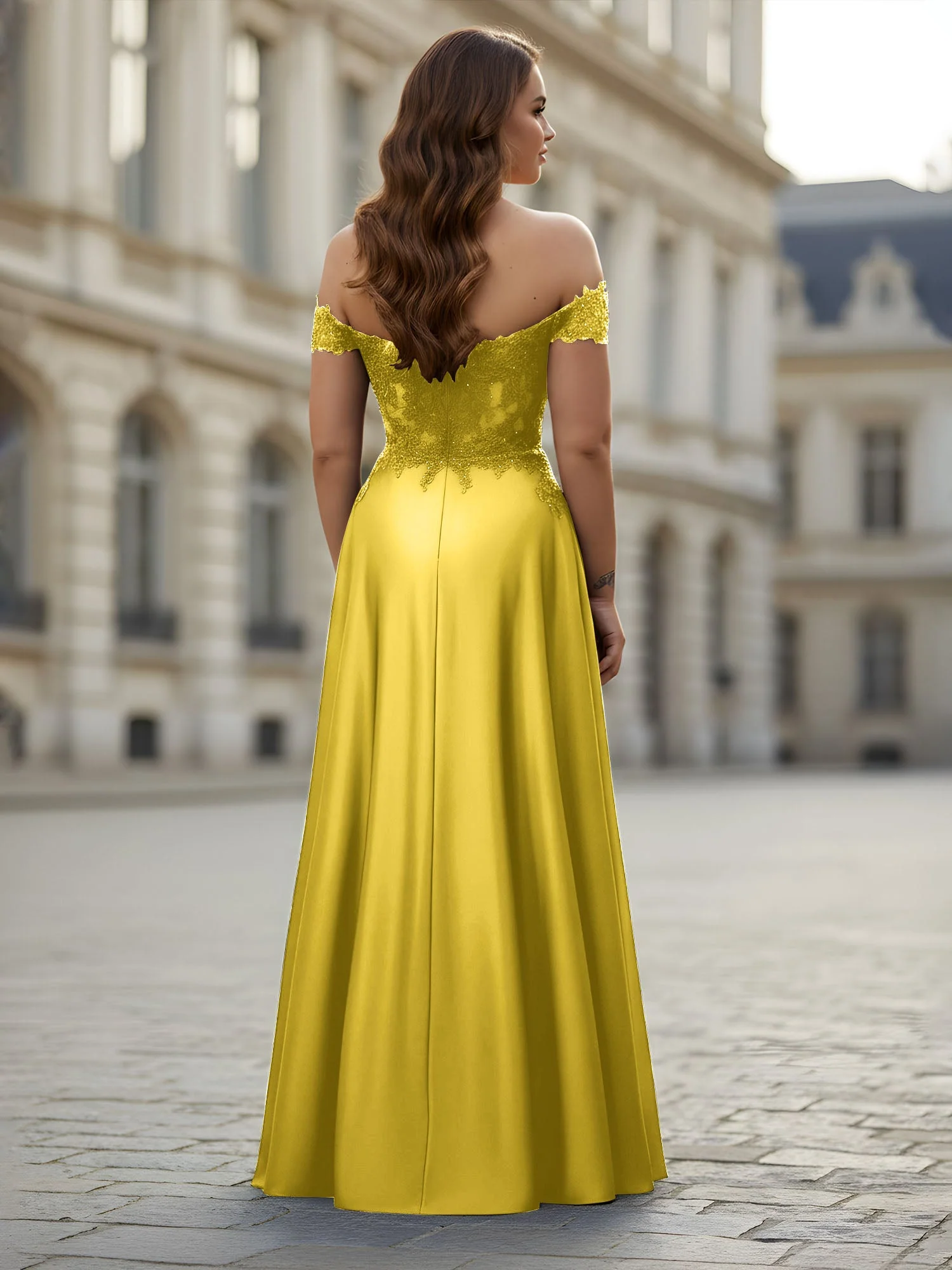 Schulterfrei Applique Oberteil A-Linie Lang Kleid Ringelblume - Image 2