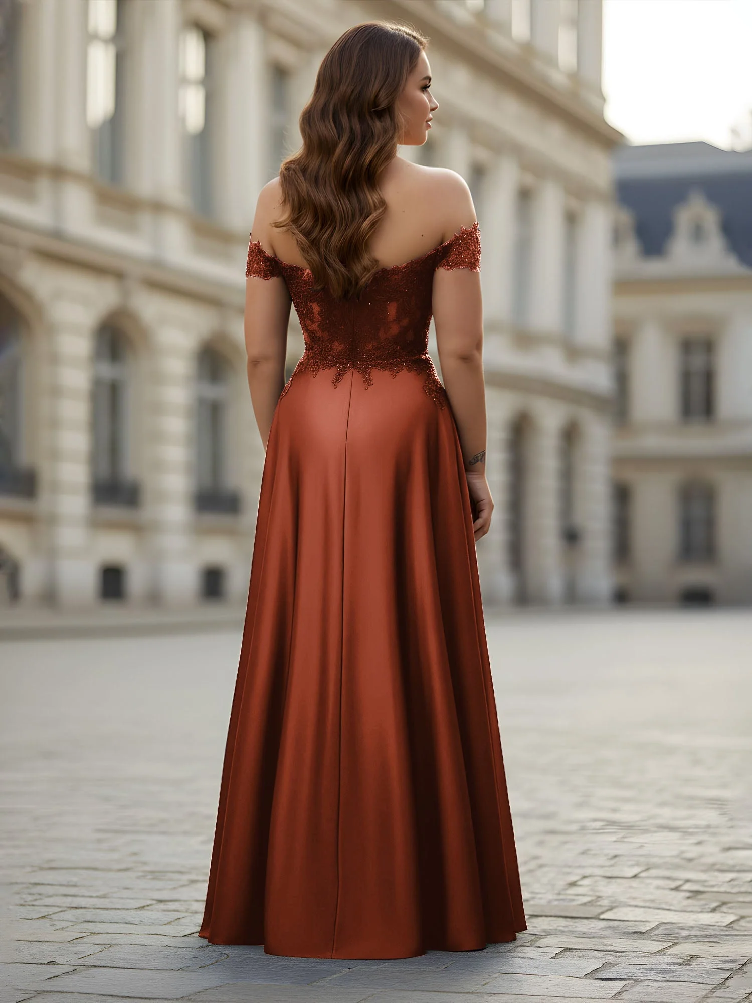 Schulterfrei Applique Oberteil A-Linie Lang Kleid Rost - Image 2
