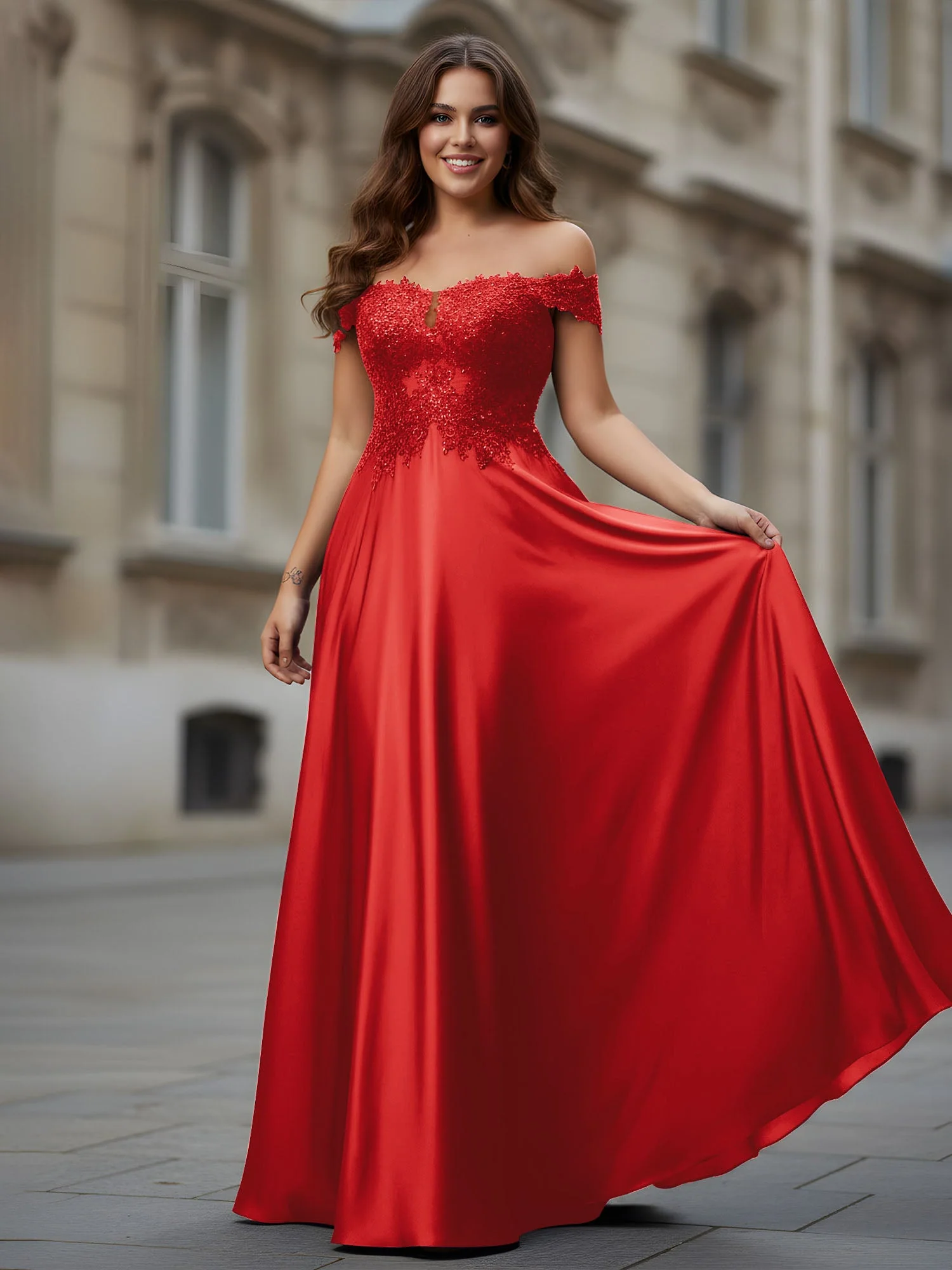Schulterfrei Applique Oberteil A-Linie Lang Kleid Rot