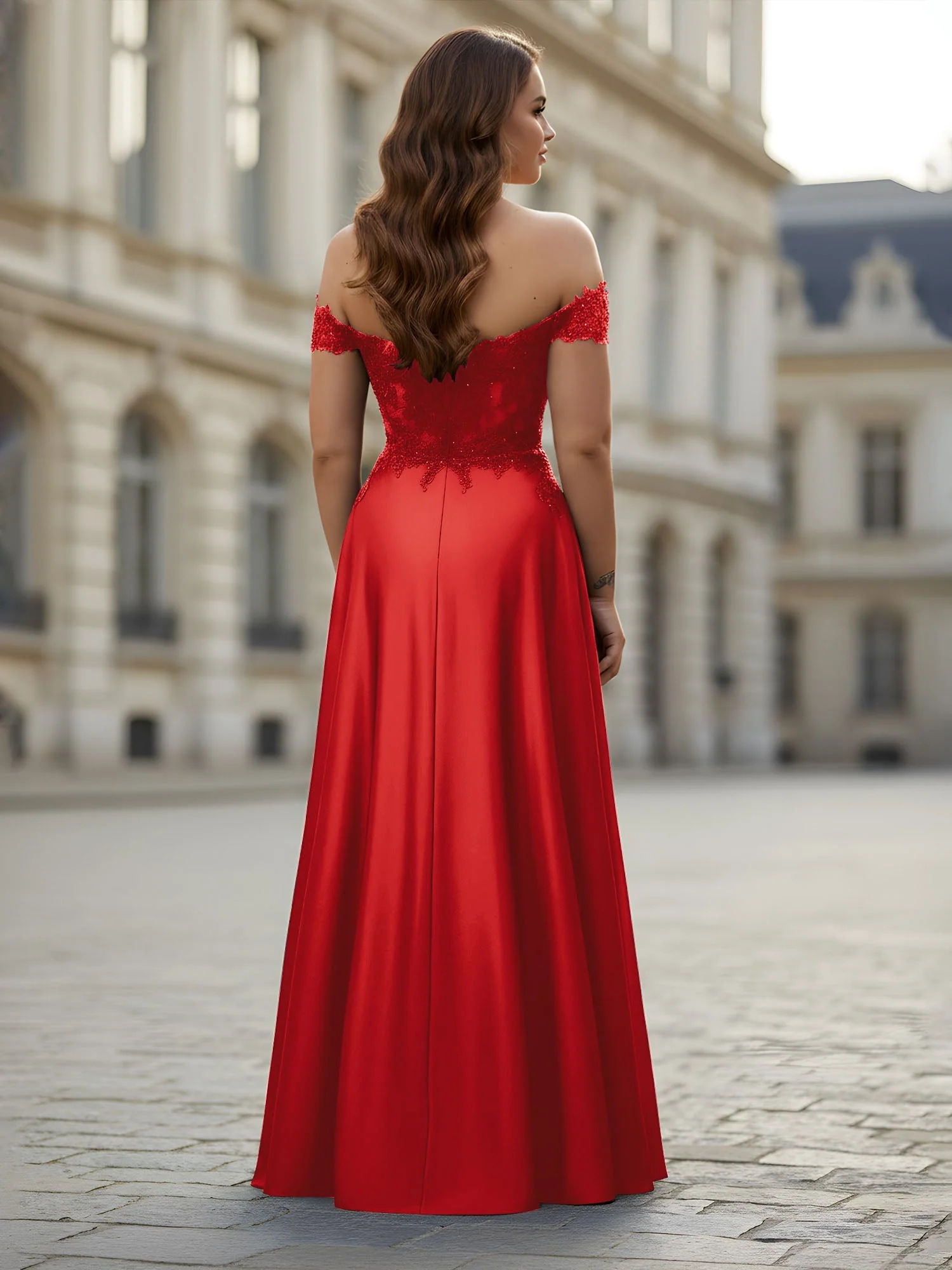 Schulterfrei Applique Oberteil A-Linie Lang Kleid Rot - Image 2