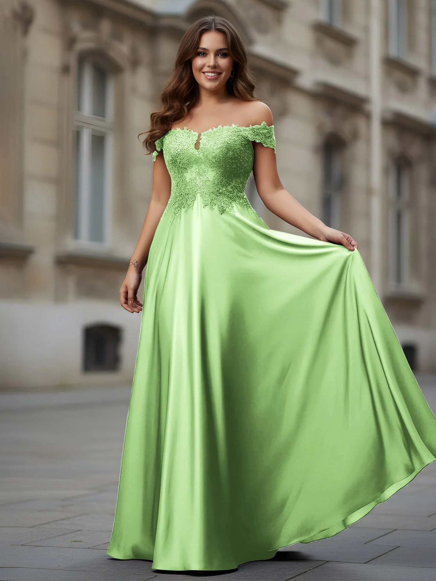 Schulterfrei Applique Oberteil A-Linie Lang Kleid Salbei