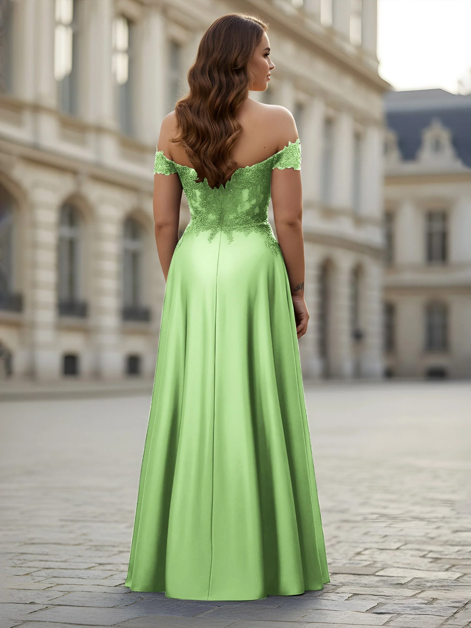 Schulterfrei Applique Oberteil A-Linie Lang Kleid Salbei - Image 2