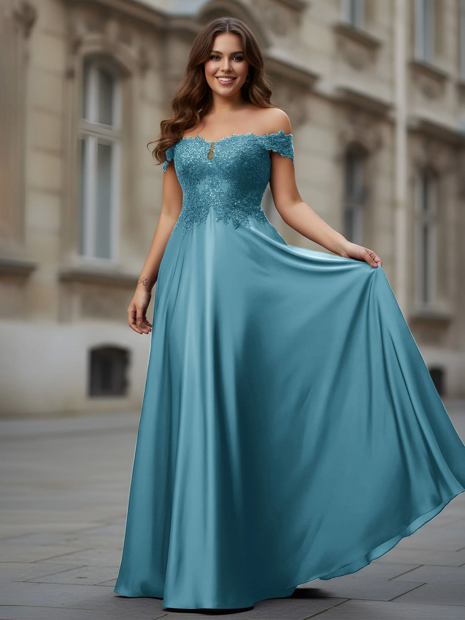 Schulterfrei Applique Oberteil A-Linie Lang Kleid Schwimmbadblau