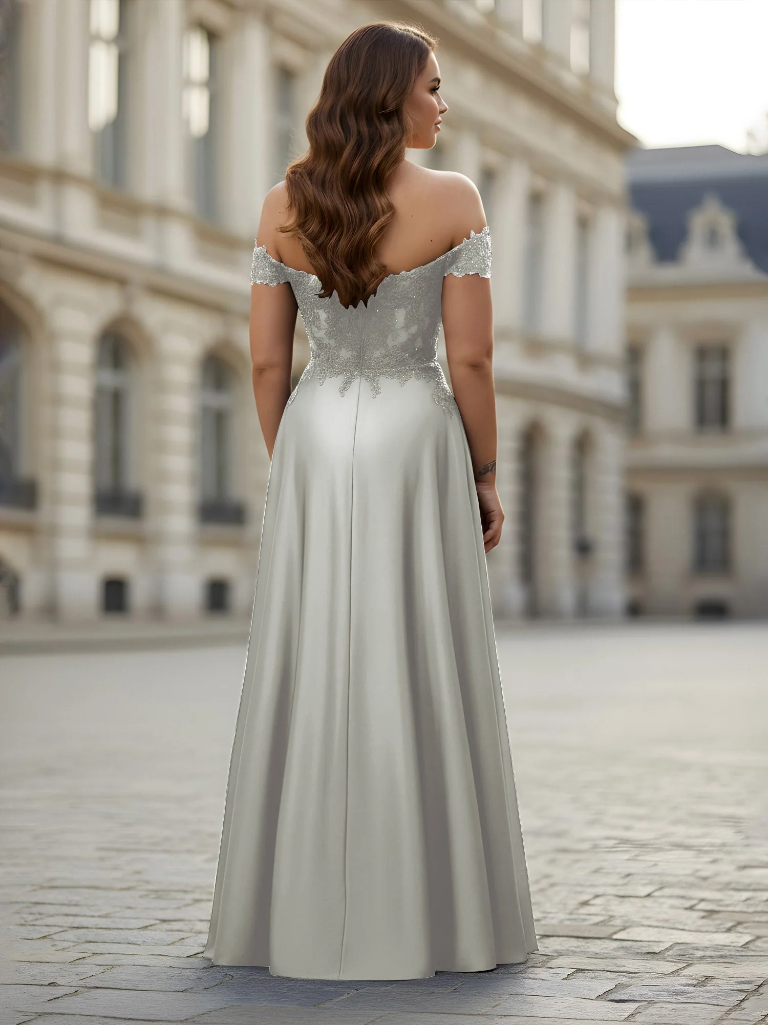 Schulterfrei Applique Oberteil A-Linie Lang Kleid Silber - Image 2