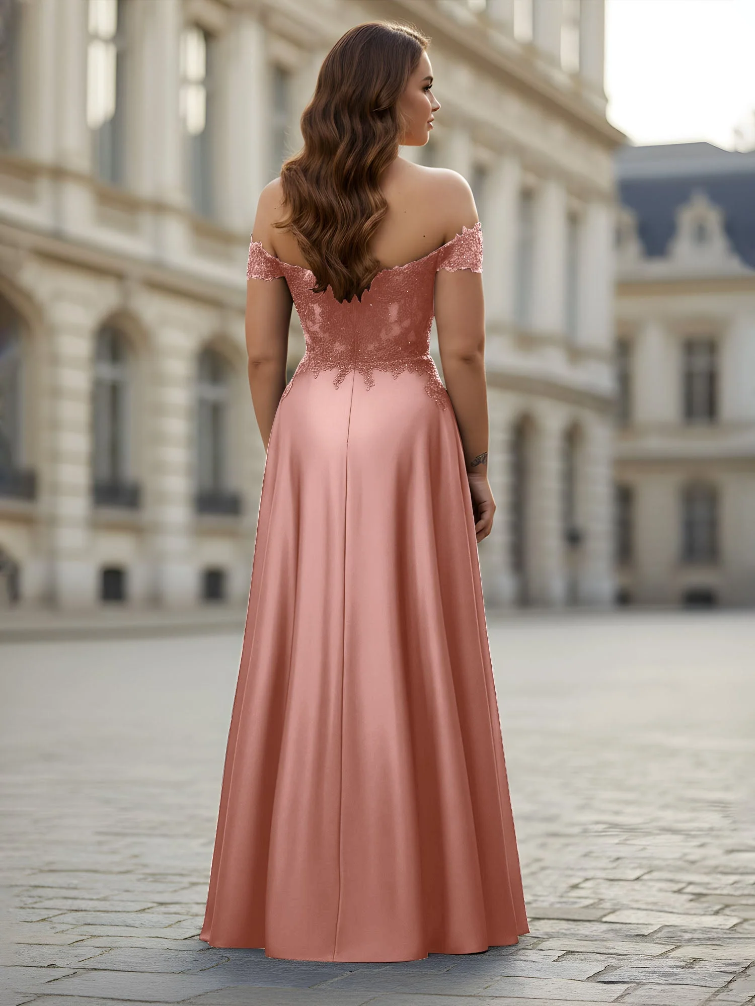 Schulterfrei Applique Oberteil A-Linie Lang Kleid Staubige Rosa - Image 2
