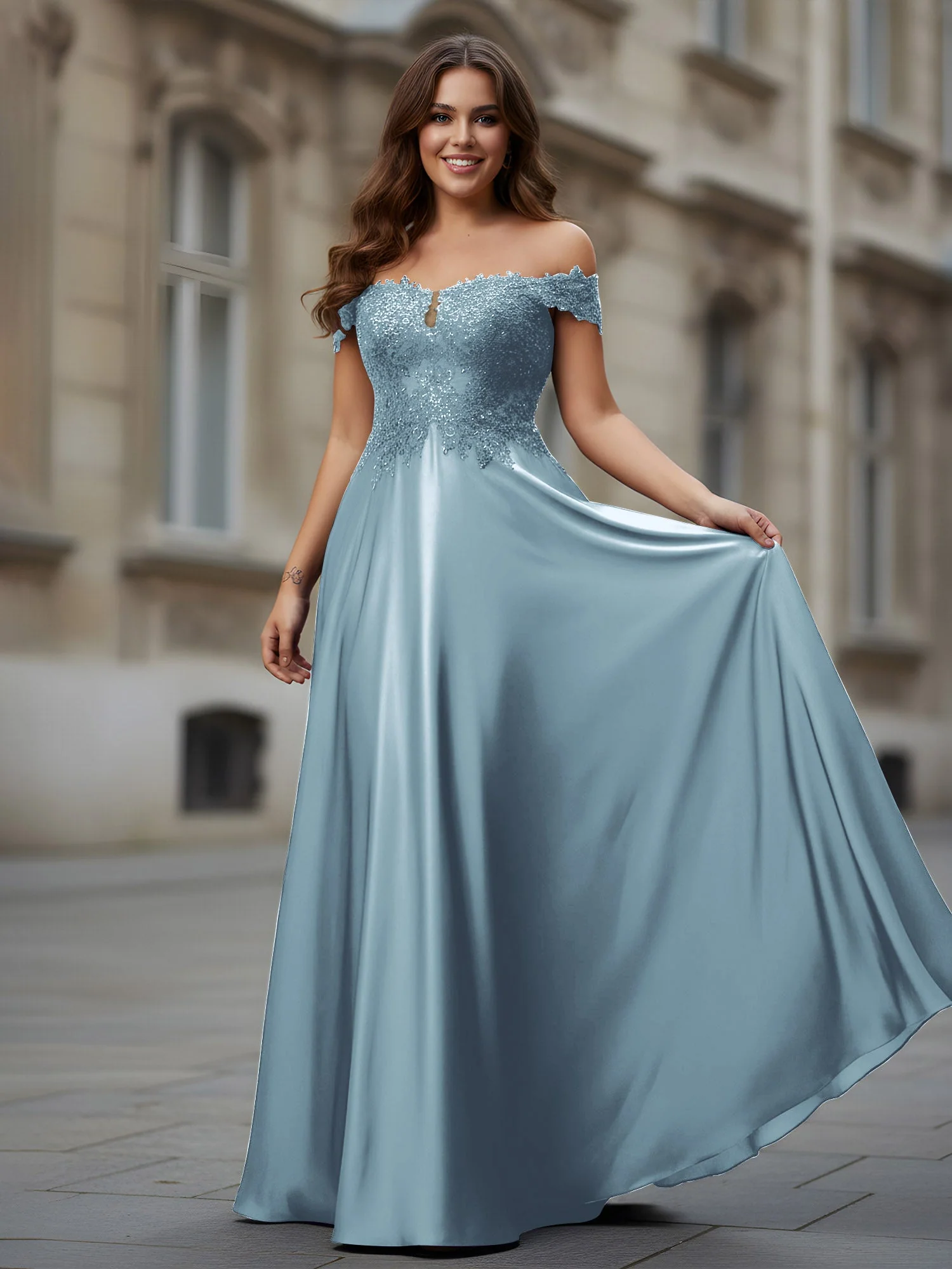 Schulterfrei Applique Oberteil A-Linie Lang Kleid Staubiges Blau