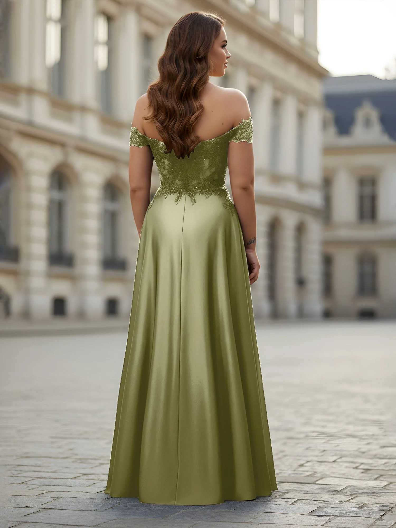 Schulterfrei Applique Oberteil A-Linie Lang Kleid Staubiges Salbei - Image 2