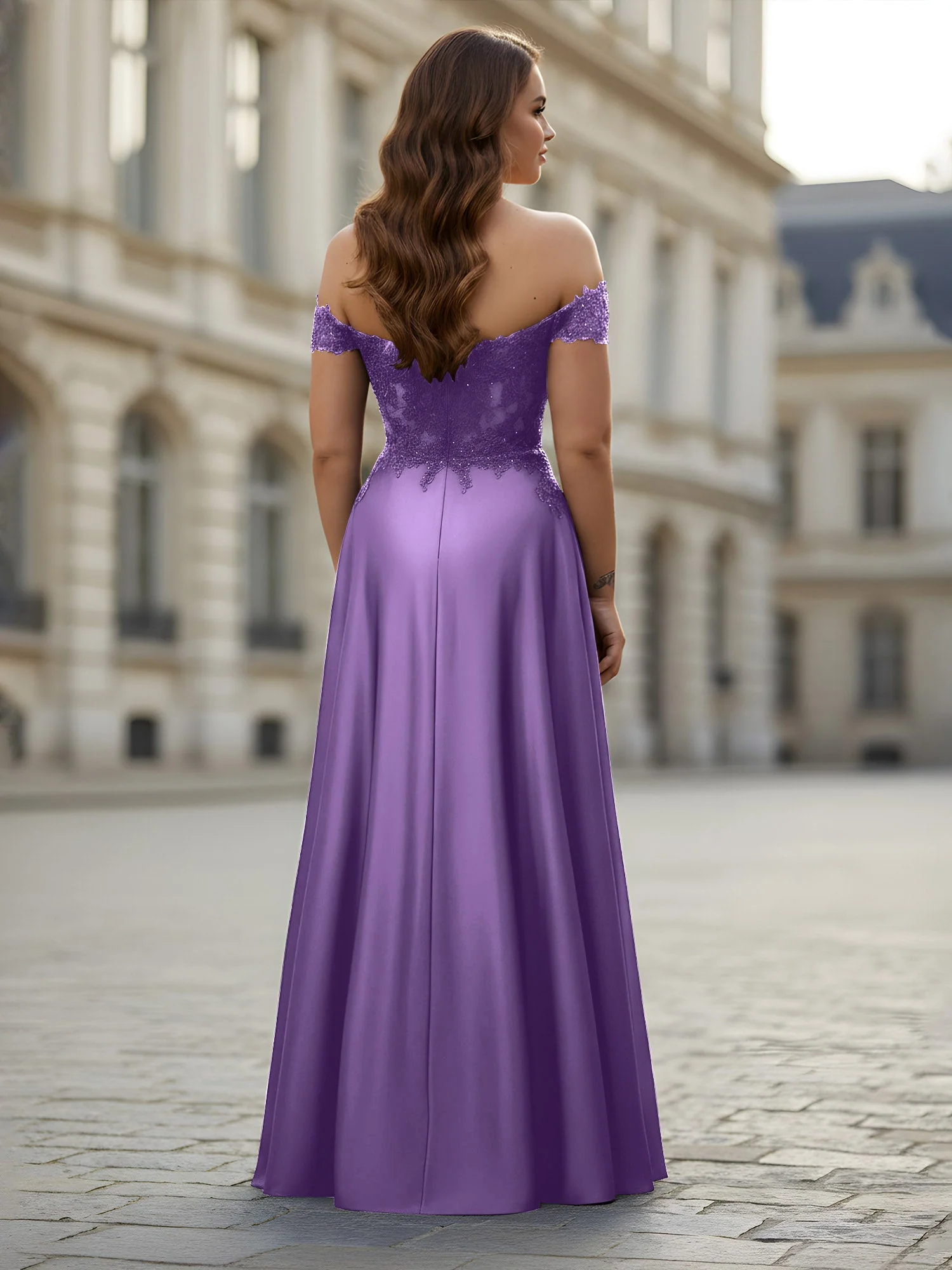 Schulterfrei Applique Oberteil A-Linie Lang Kleid Tahiti - Image 2