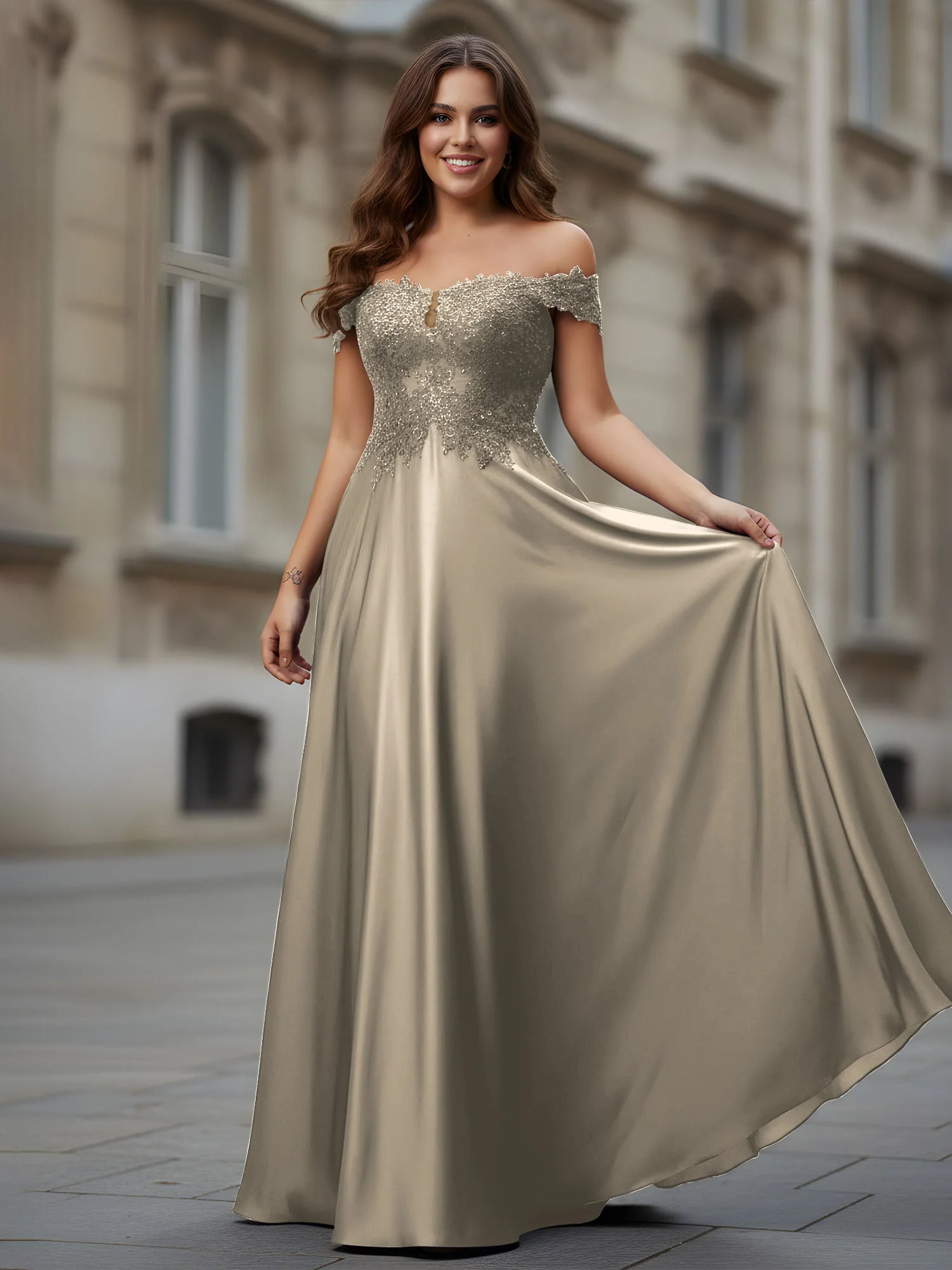 Schulterfrei Applique Oberteil A-Linie Lang Kleid Taupe