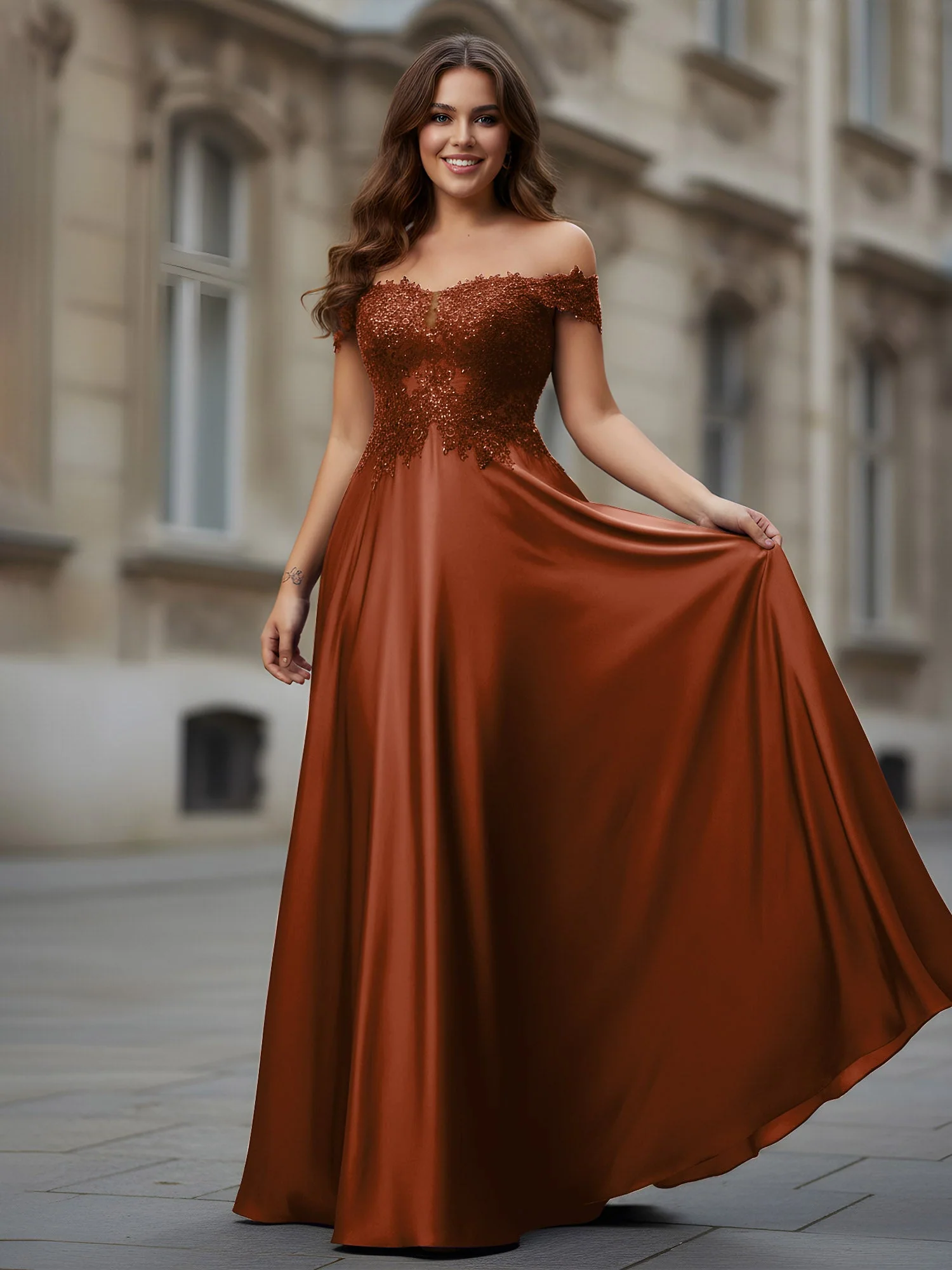 Schulterfrei Applique Oberteil A-Linie Lang Kleid Terrakotta