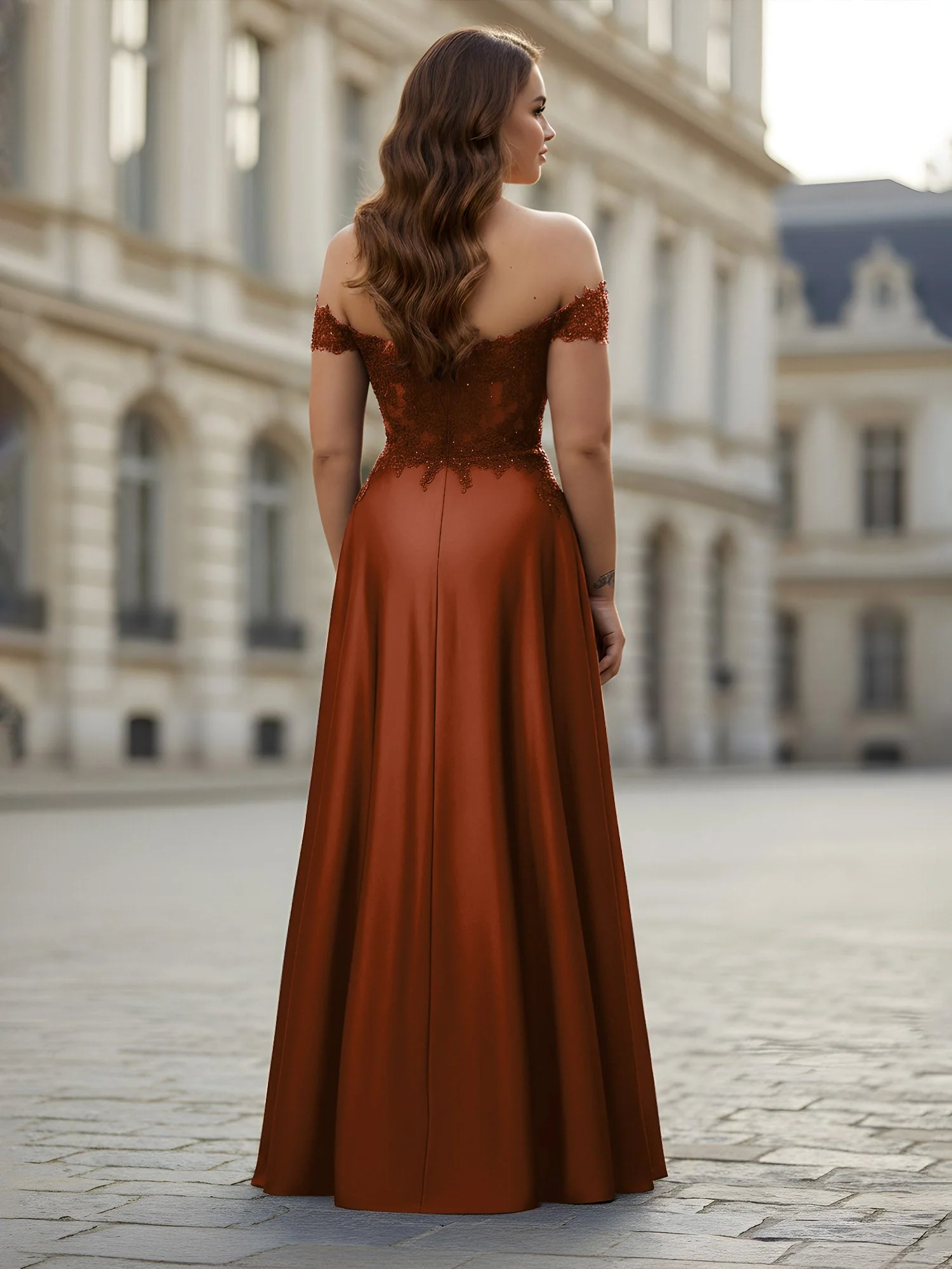Schulterfrei Applique Oberteil A-Linie Lang Kleid Terrakotta - Image 2