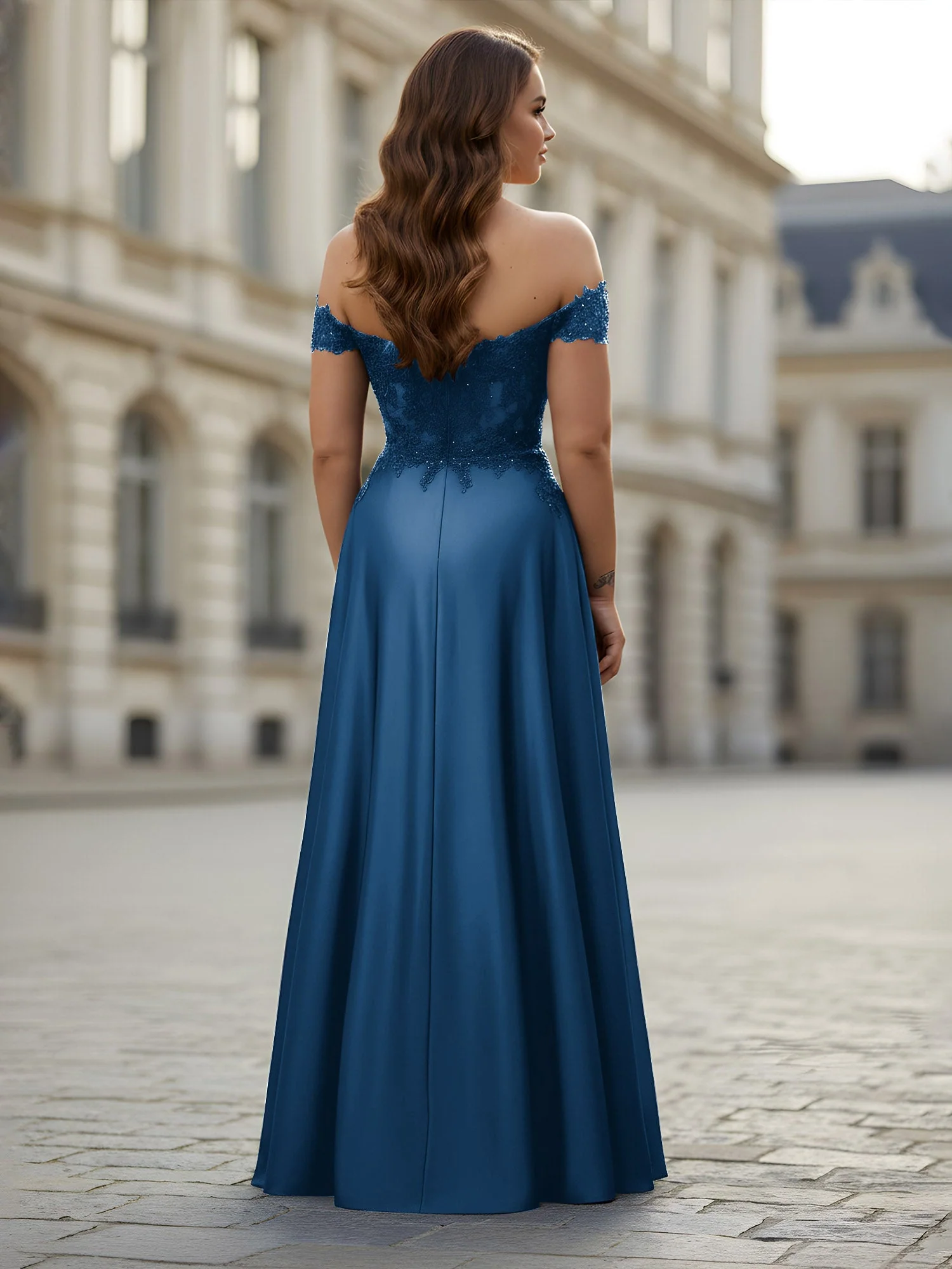 Schulterfrei Applique Oberteil A-Linie Lang Kleid Tinte Blau - Image 2