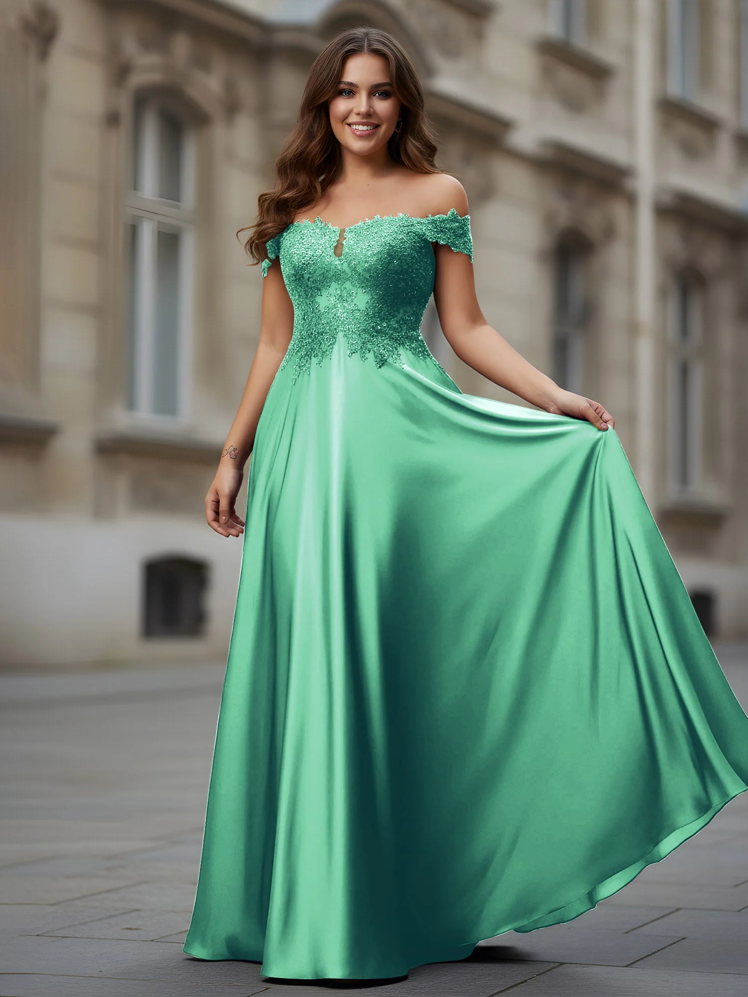 Schulterfrei Applique Oberteil A-Linie Lang Kleid Türkis