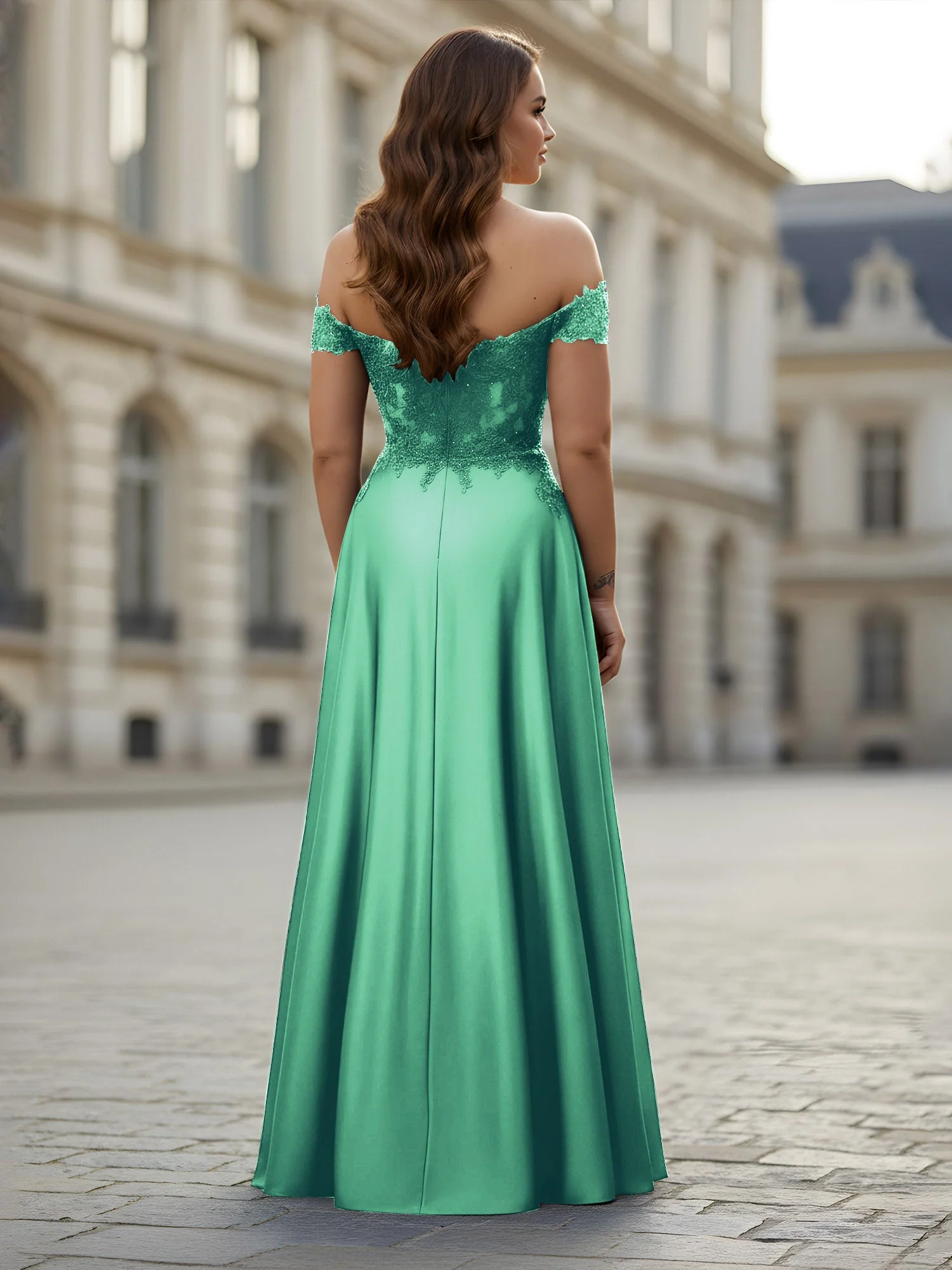 Schulterfrei Applique Oberteil A-Linie Lang Kleid Türkis - Image 2