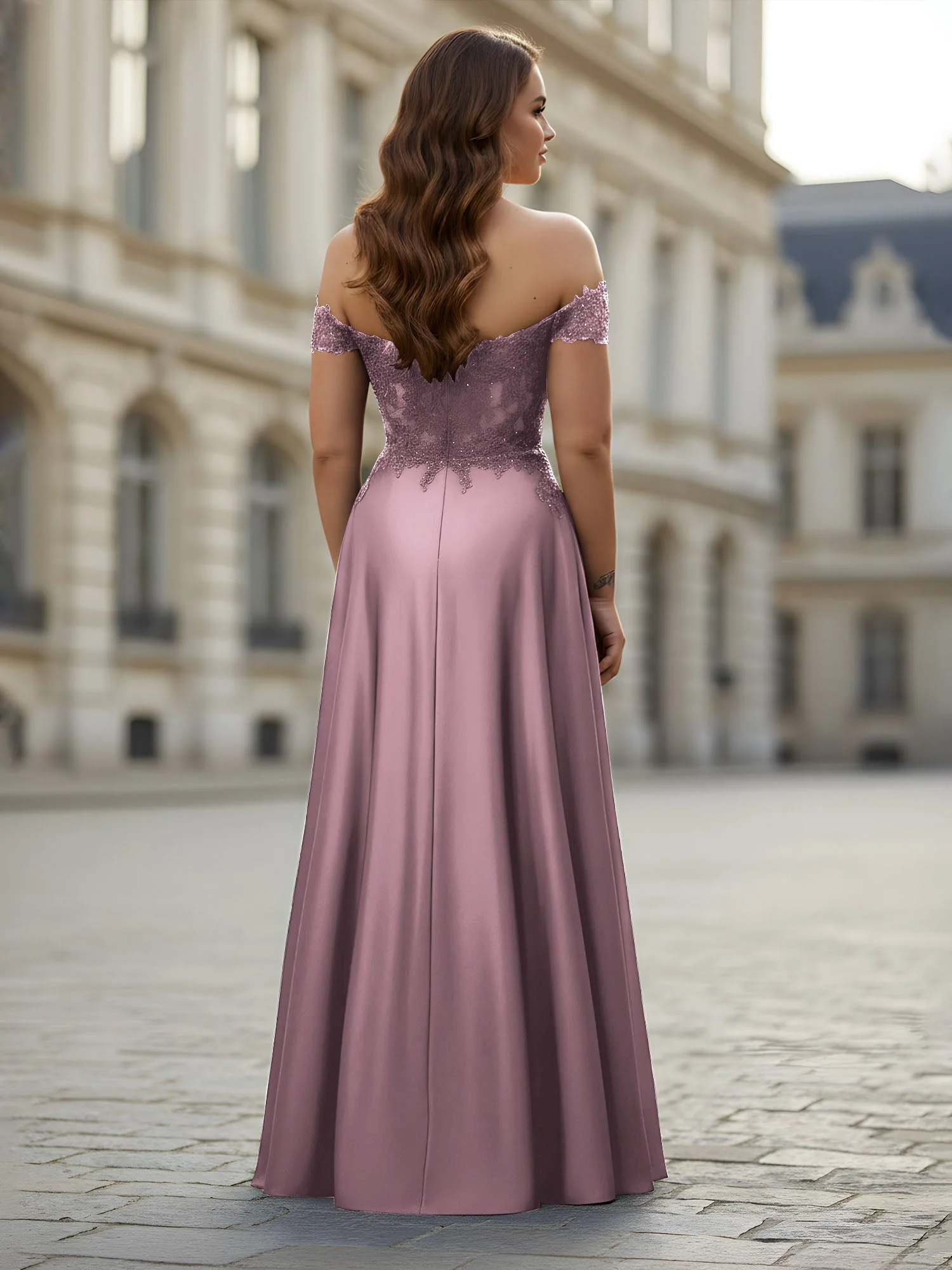 Schulterfrei Applique Oberteil A-Linie Lang Kleid Vintage Mauve - Image 2