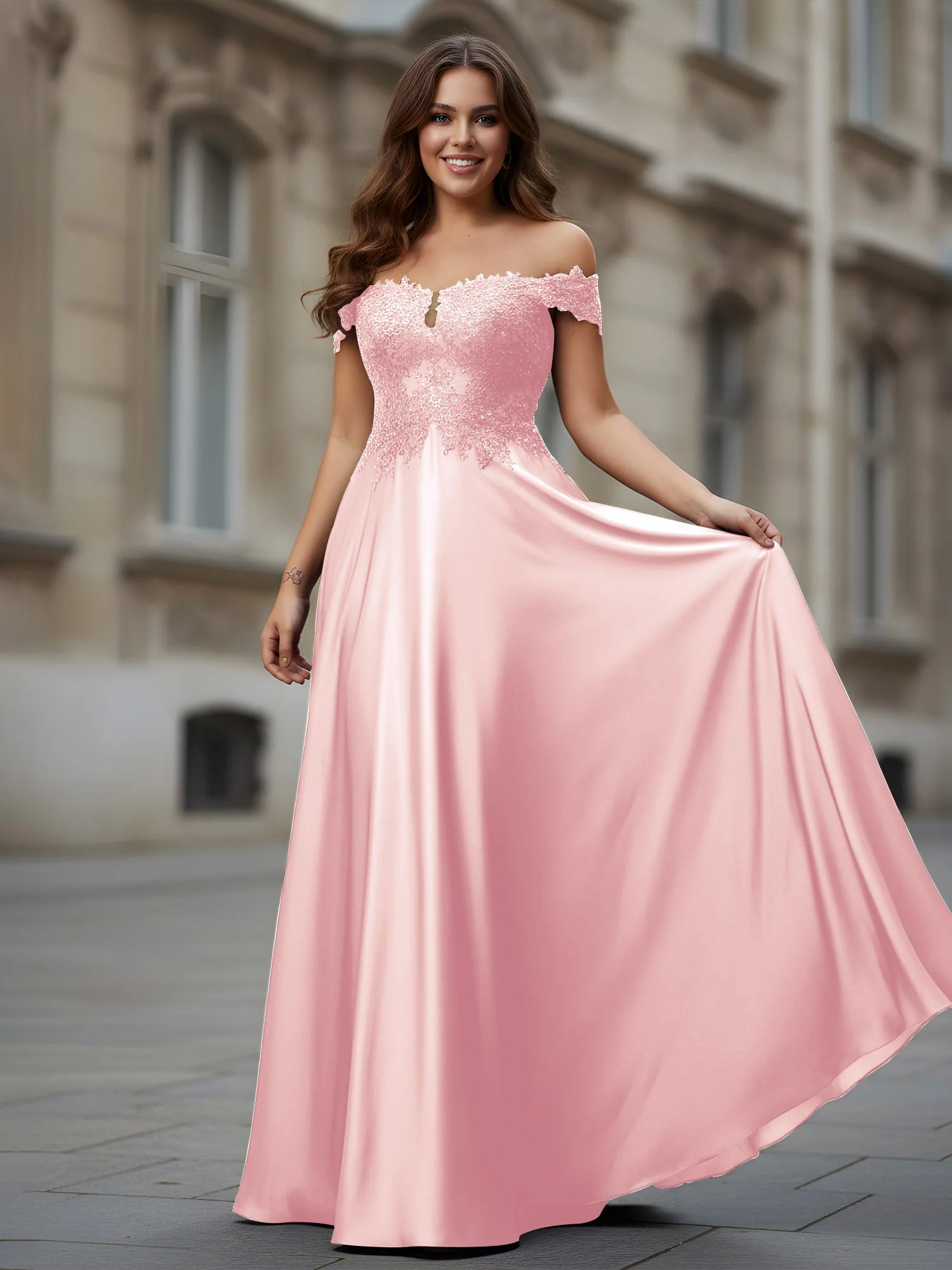 Schulterfrei Applique Oberteil A-Linie Lang Kleid Zartrosa