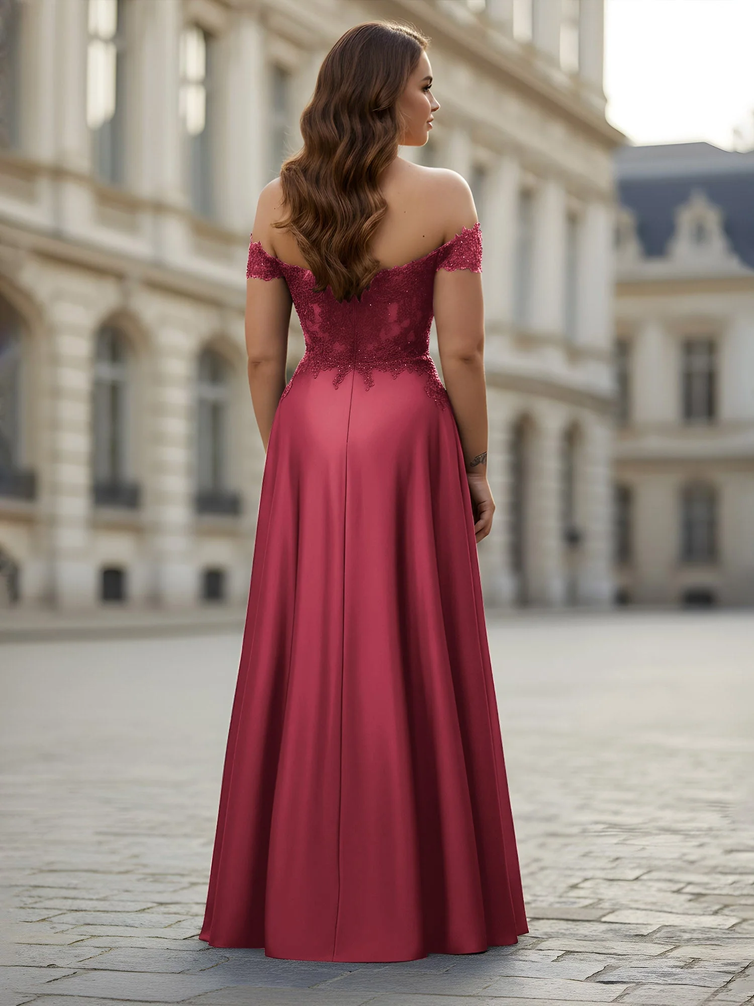 Schulterfrei Applique Oberteil A-Linie Lang Kleid Zimtrose - Image 2