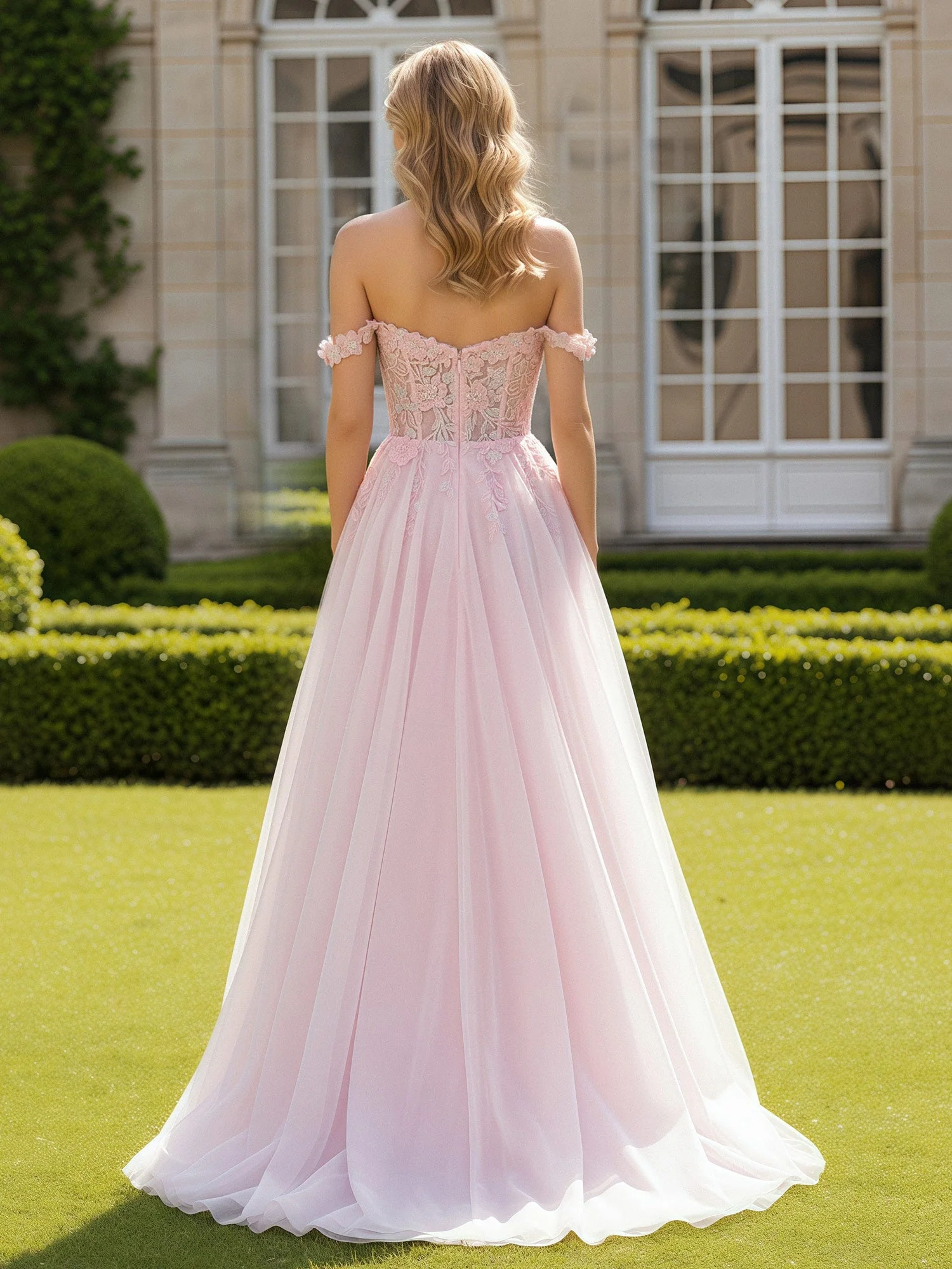 A-Linie Spitze Schulterfrei Applique Tüll Kleid Zartrosa - Image 2