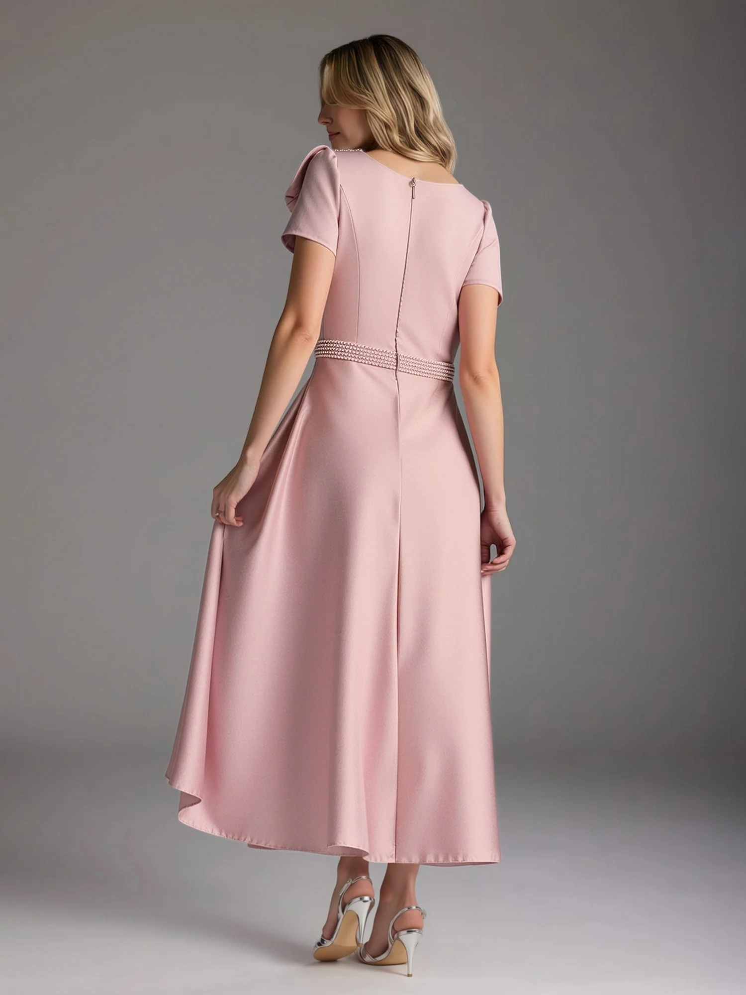 A-Linie Kurzarm Schleife Perlen Kleid mit Taschen Rot - Image 4