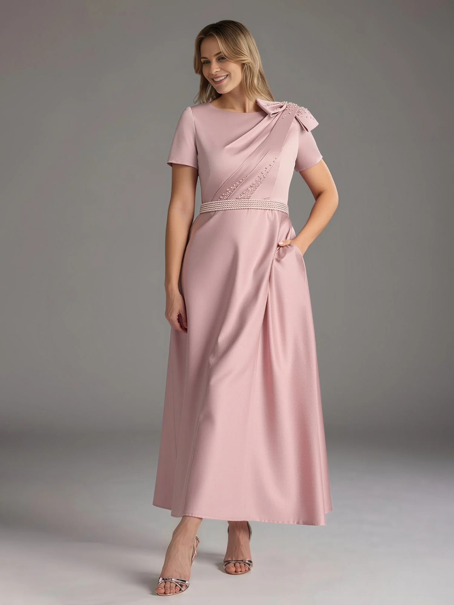 A-Linie Kurzarm Schleife Perlen Kleid mit Taschen Silber - Image 3