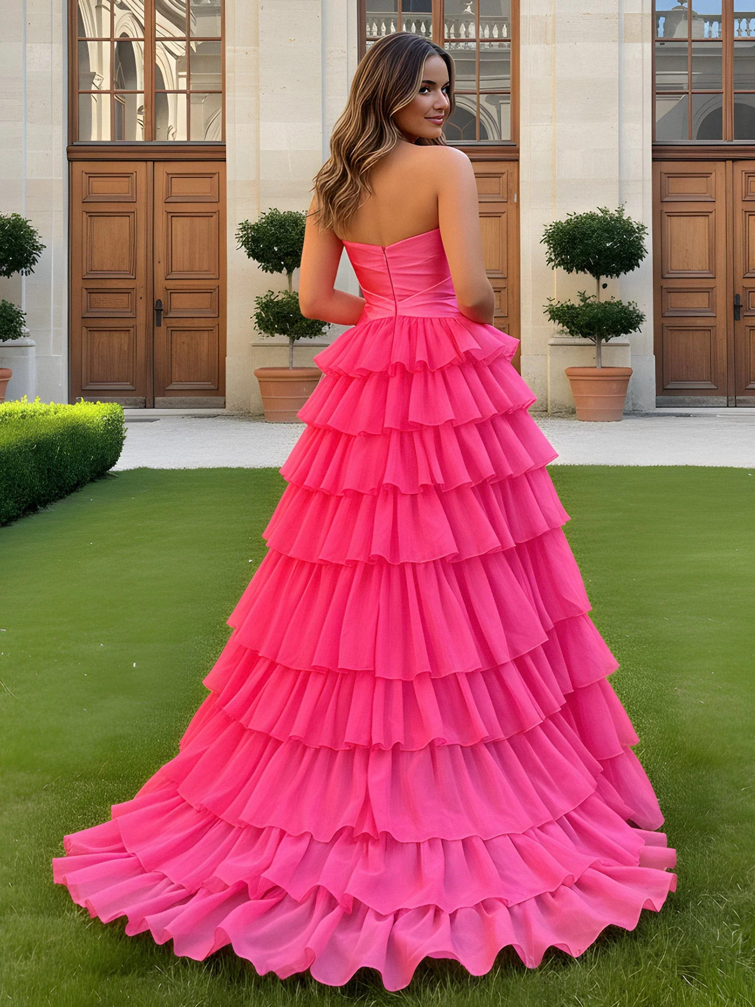 Herzform Ausschnitt Cutout A-Linie Stufen Kleid mit Schlitz Burgunderrot - Image 2