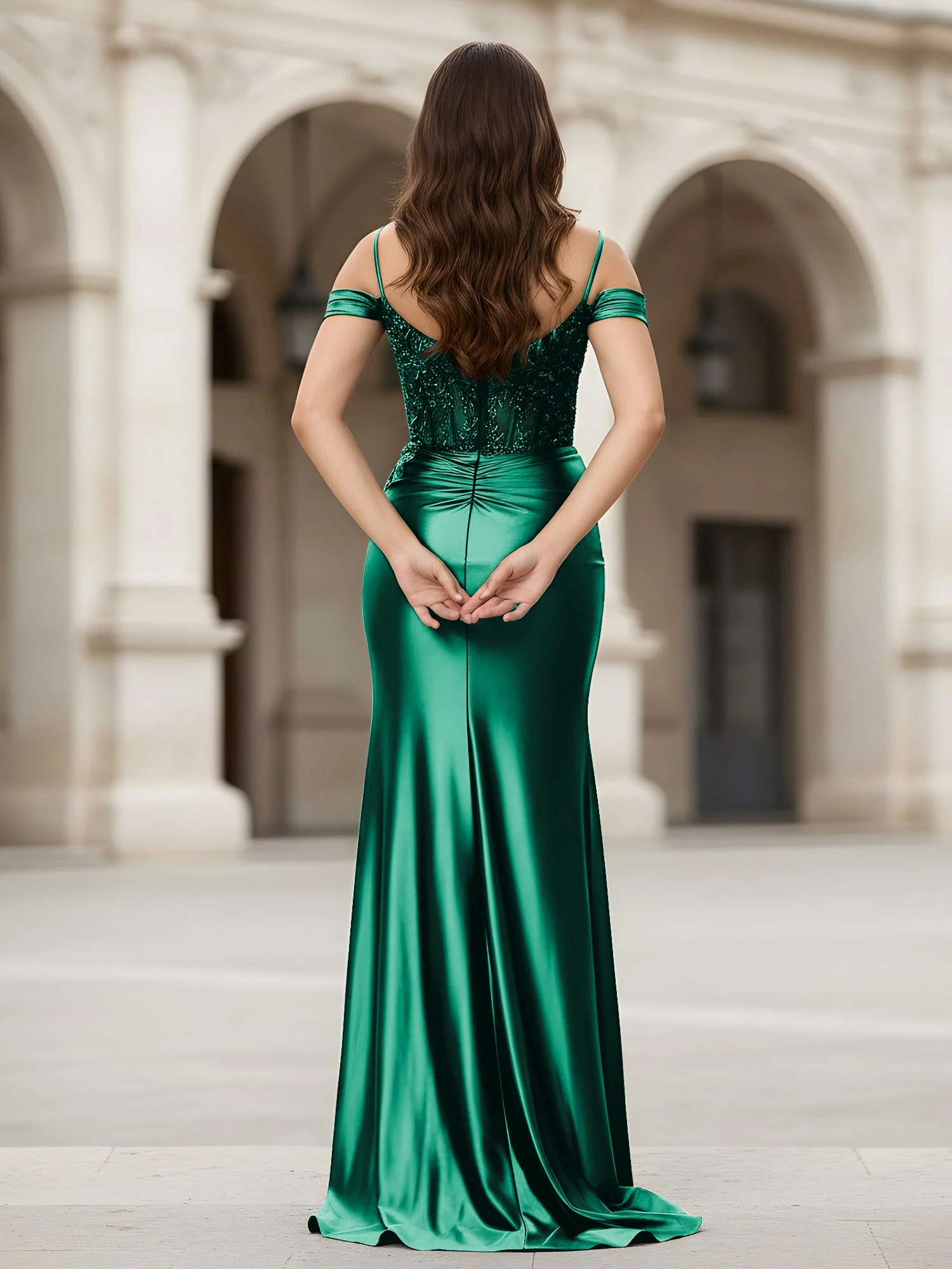 Schulterfrei Applique Korsett Etui Kleid mit Schlitz Dunkelgrün - Image 2