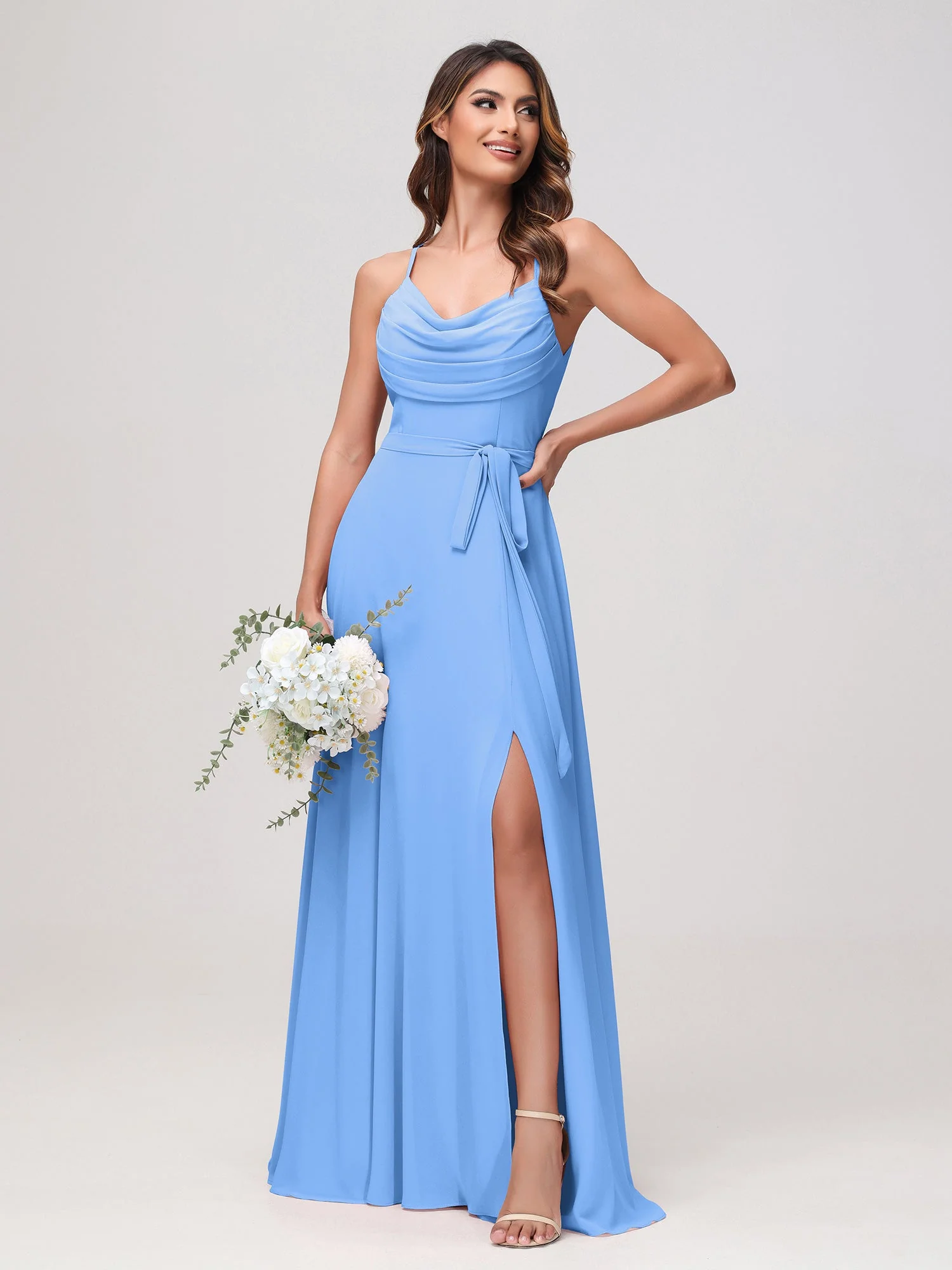 Sexy Rundhalsausschnitt Rüschen Chiffon Lang Kleid mit Schlitz Blau