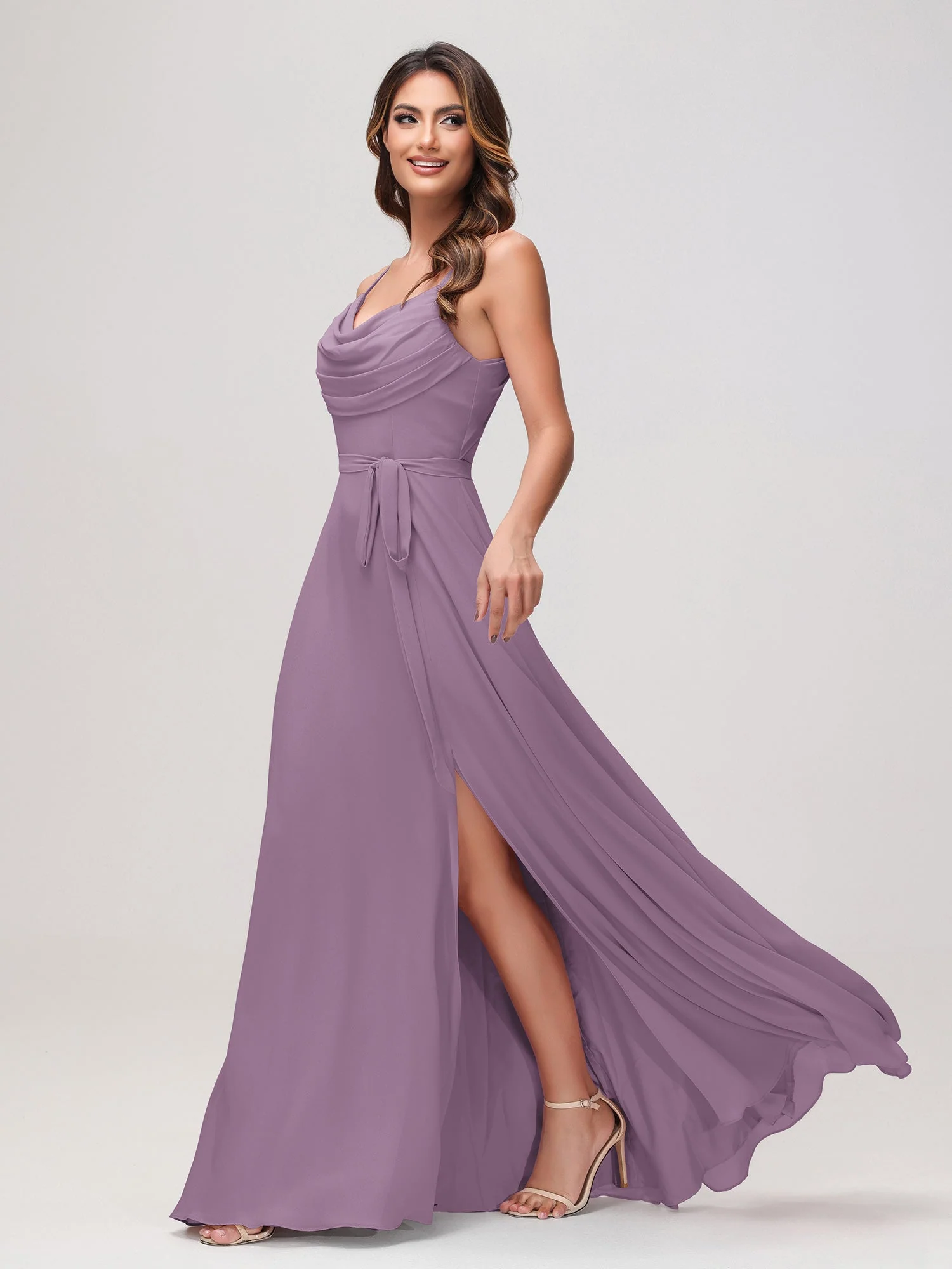 Sexy Rundhalsausschnitt Rüschen Chiffon Lang Kleid mit Schlitz Blauregen - Image 3