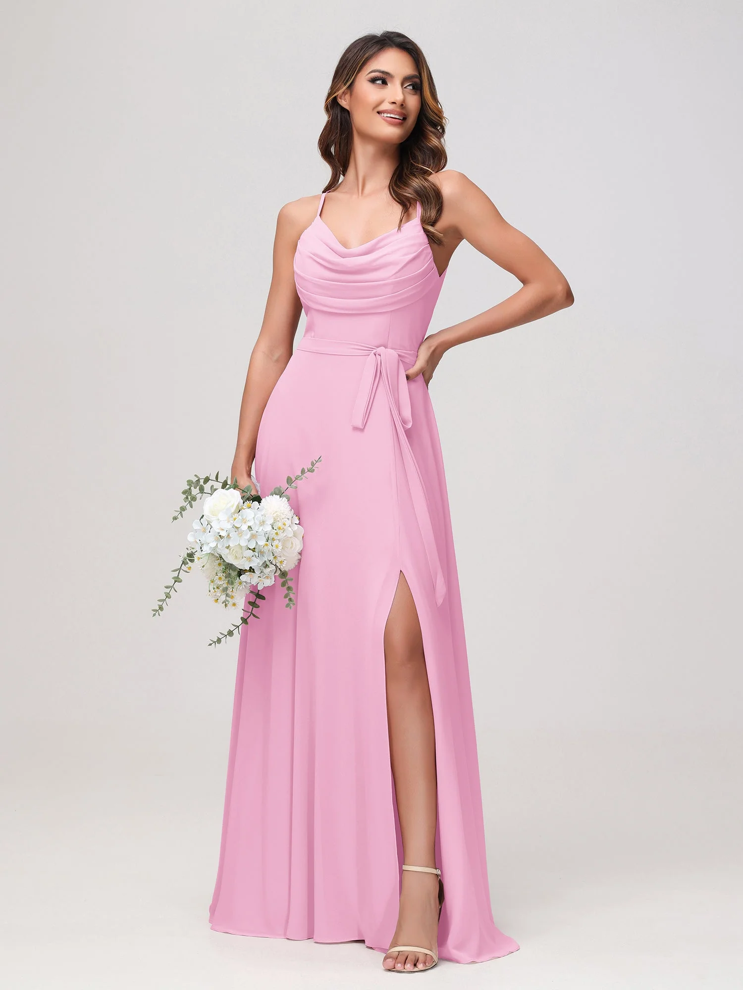 Sexy Rundhalsausschnitt Rüschen Chiffon Lang Kleid mit Schlitz Bonbonrosa