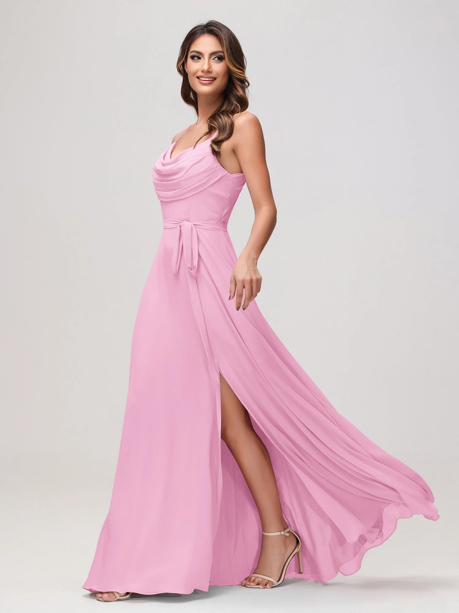 Sexy Rundhalsausschnitt Rüschen Chiffon Lang Kleid mit Schlitz Bonbonrosa - Image 3